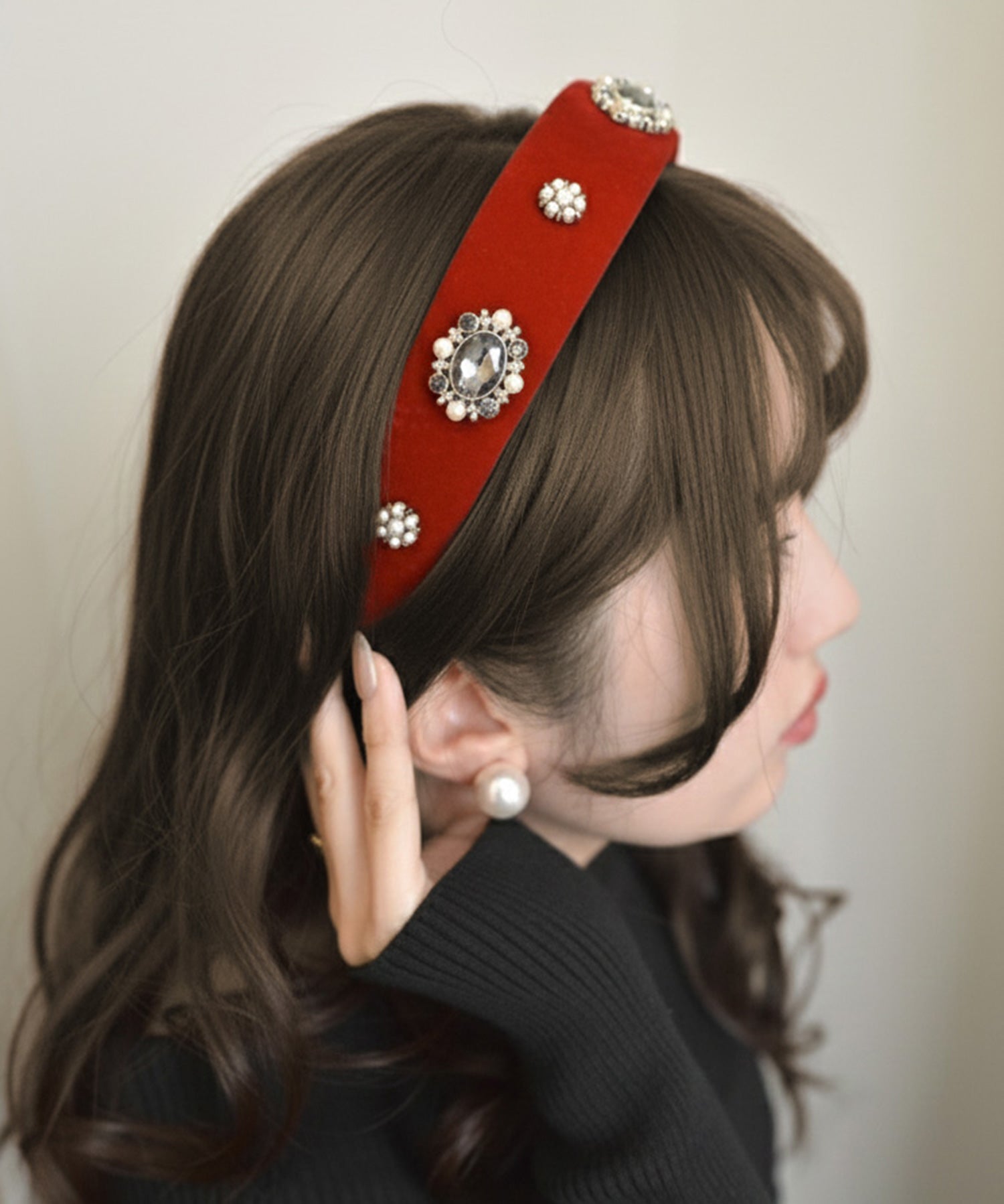 スタイロ styiro ベルベットパールビジューカチューシャ (レッド) レッド