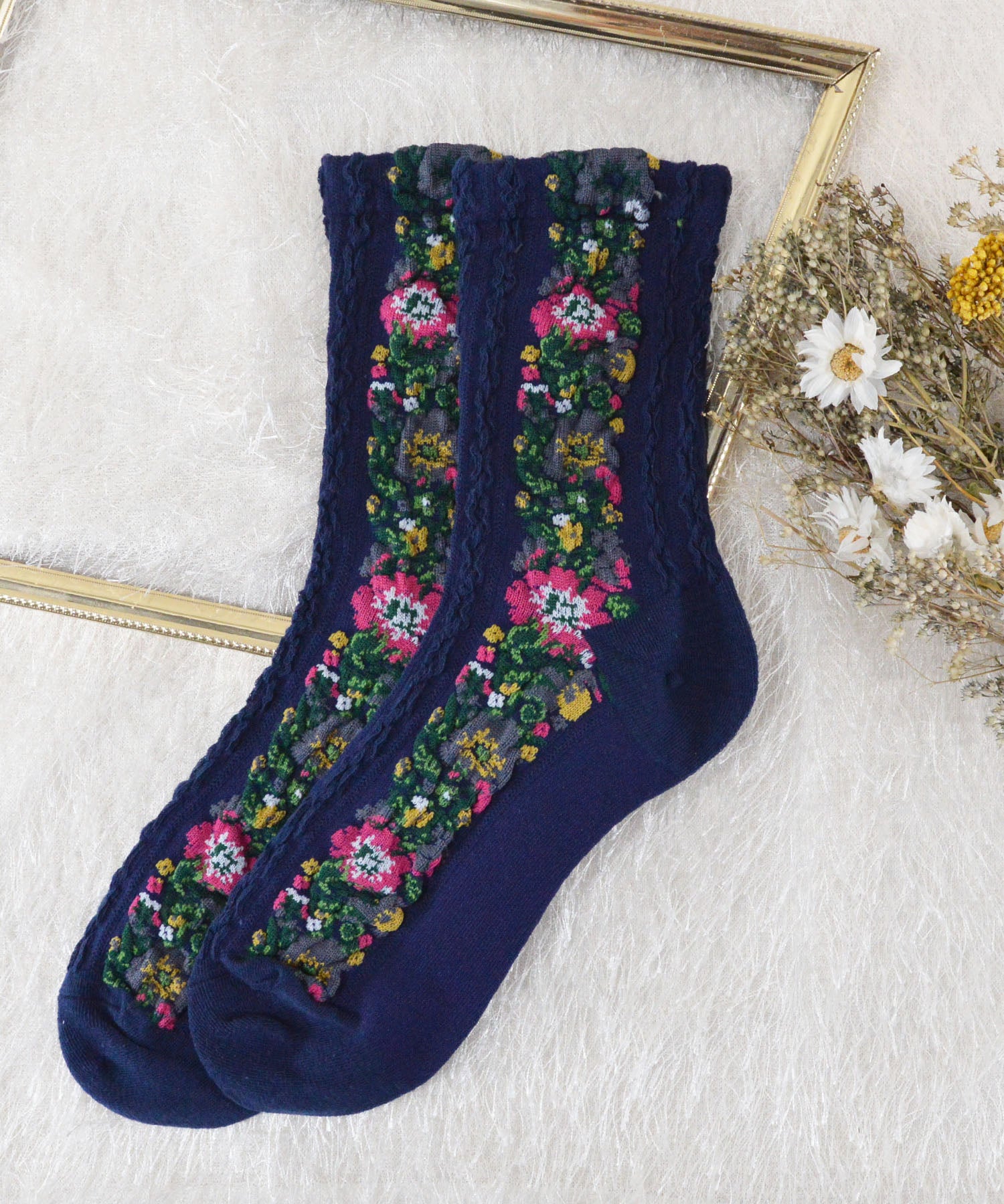 スタイロ styiro アンティークフラワー靴下 (ネイビー) ネイビー