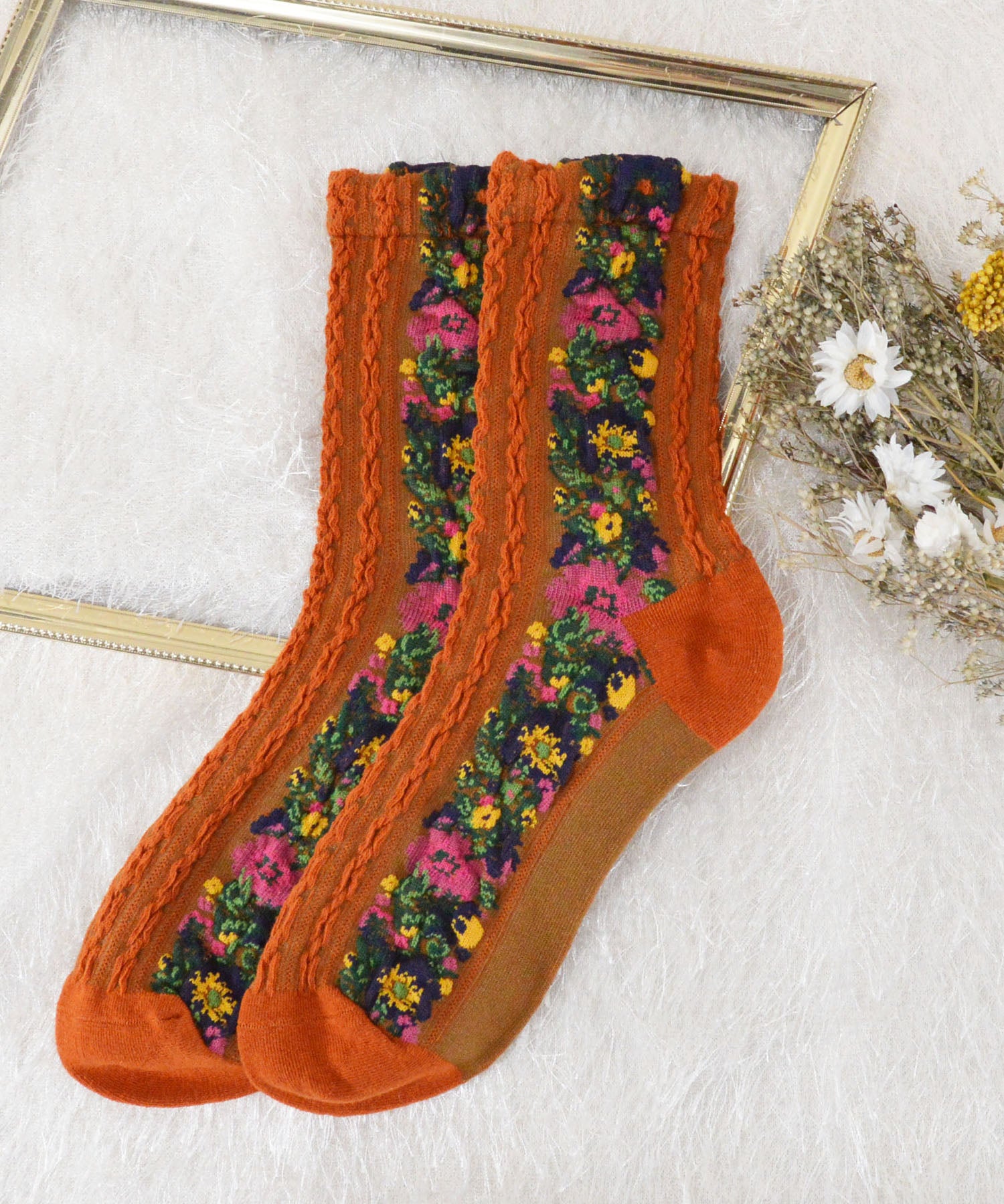 スタイロ styiro アンティークフラワー靴下 (テラコッタ) テラコッタ