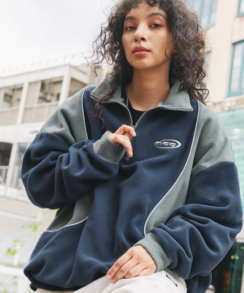 Casual THE CASUAL Oversized Half-Zip Fleece Pullover Color Block Billiard Logo One-Point Embroidery Side Line Track Jacket