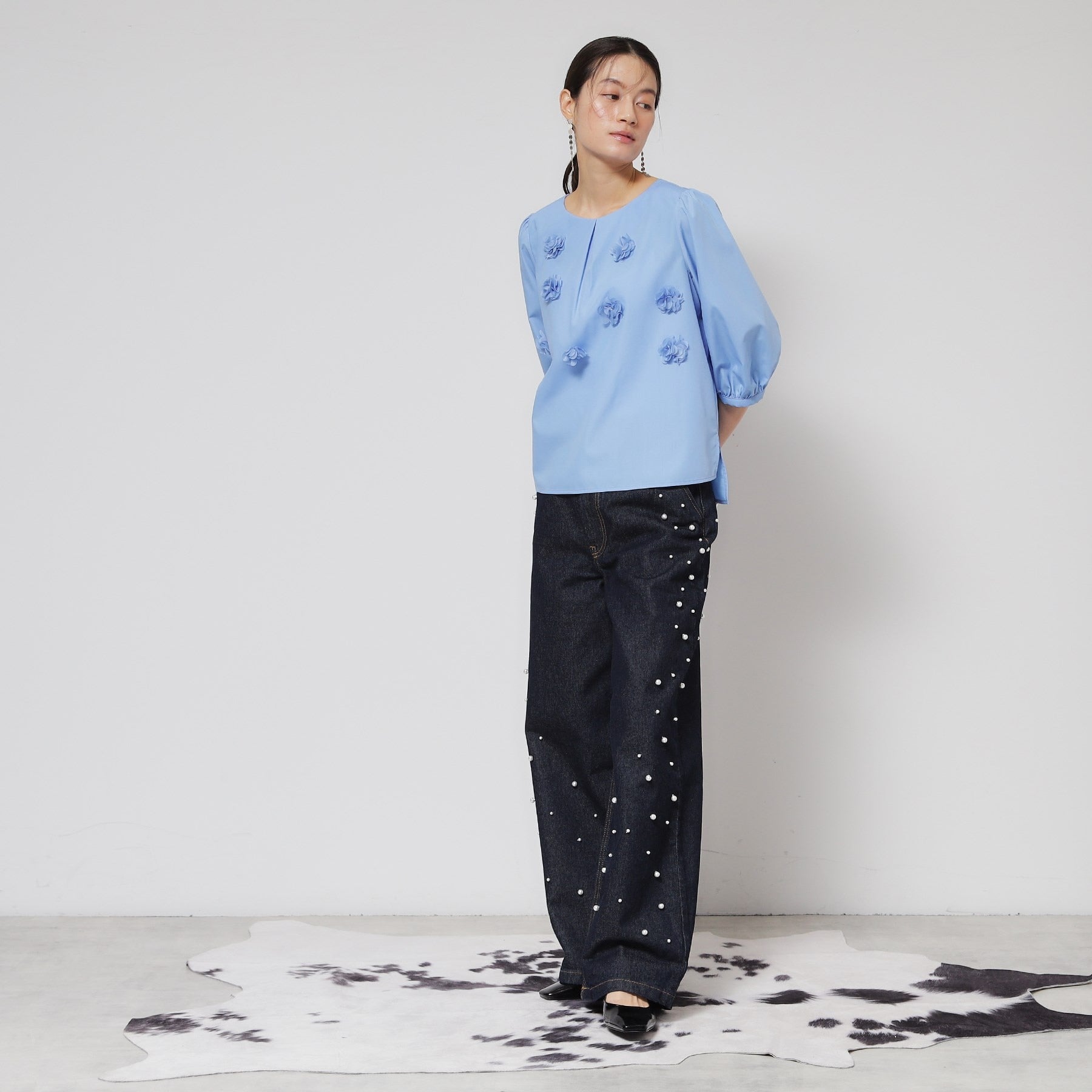 スーナウーナ SunaUna 【ハンドクラフト/フラワーモチーフ】パフスリーブブラウス (ピンク(071)) ピンク(071)