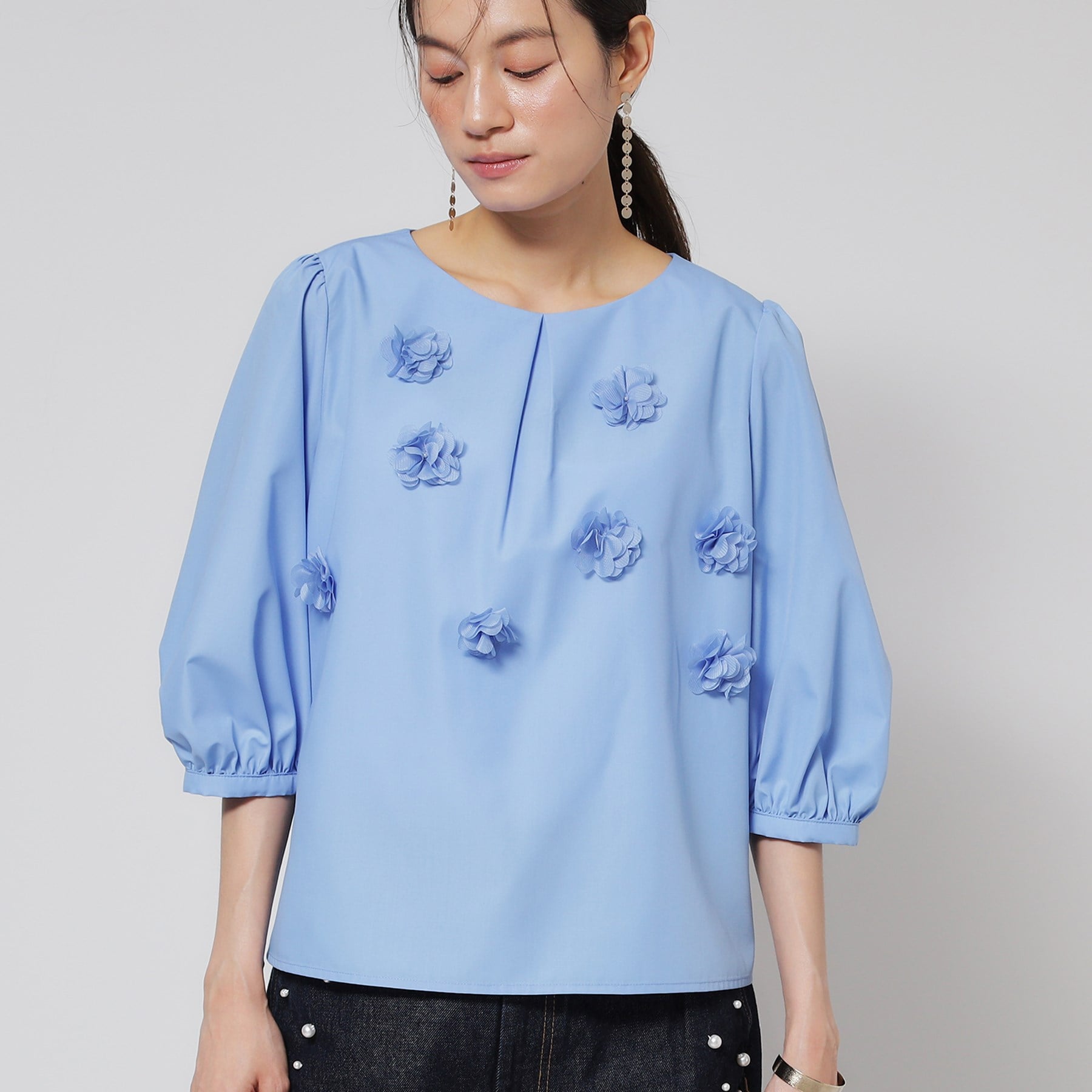 スーナウーナ SunaUna 【ハンドクラフト/フラワーモチーフ】パフスリーブブラウス (ピンク(071)) ピンク(071)