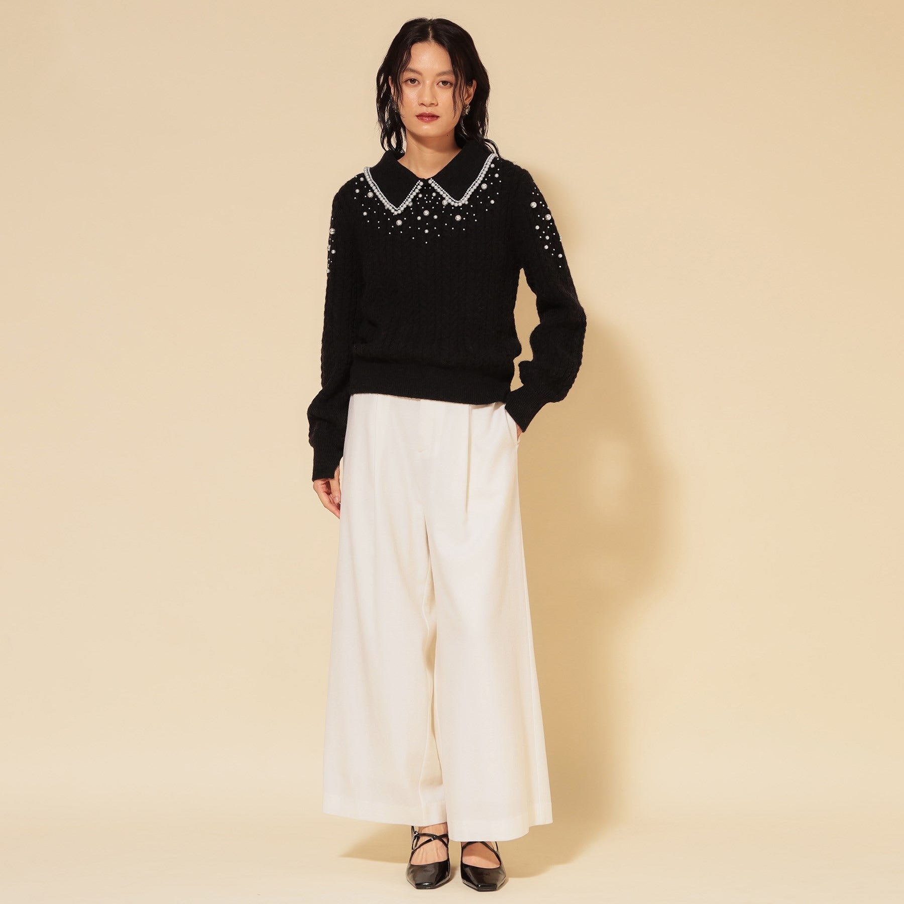 スーナウーナ SunaUna 【COLLECTION LINE】衿付きパール調ニット (ブラック(019)) ブラック(019)