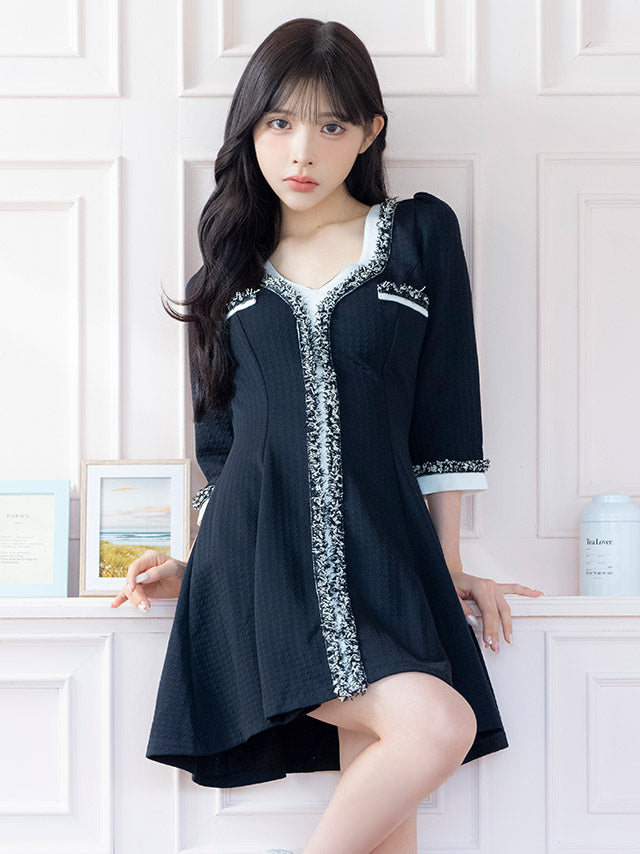 Lady Style Long Sleeve Tweed Flare Mini Dress Korea One-Piece
