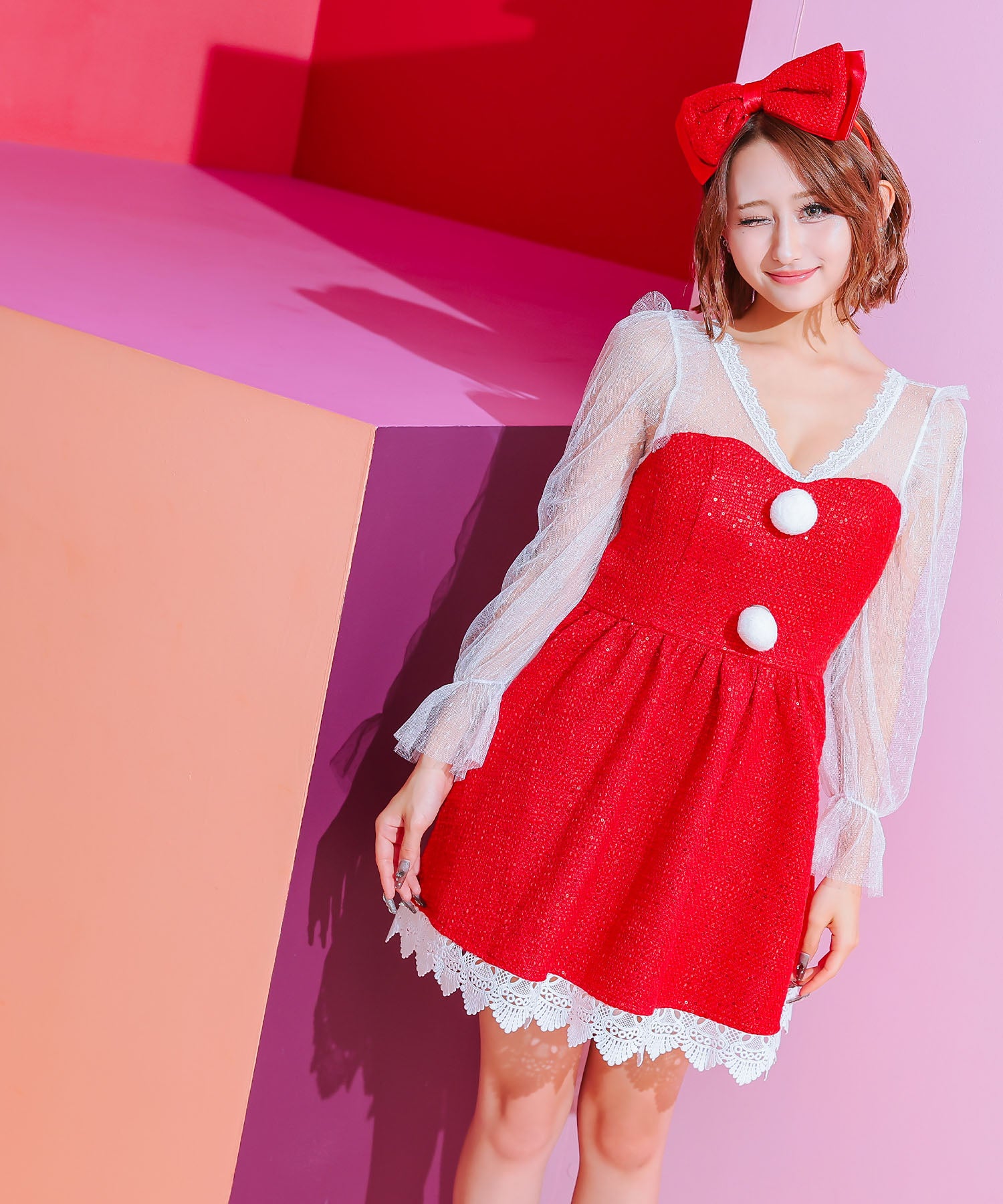 ティカ Tika サンタコス 2点set 袖ありシアーレースパフスリーブツイードスパンコールフレアスカートガーリー王道サンタツインコスプレ