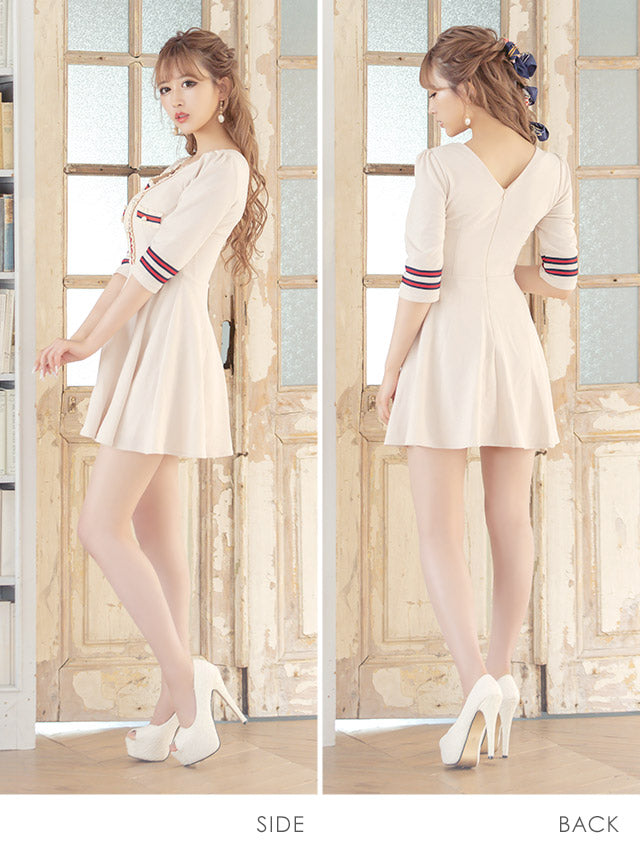 Tika Mixed material line girly style puff sleeve flared mini dress Korean dress