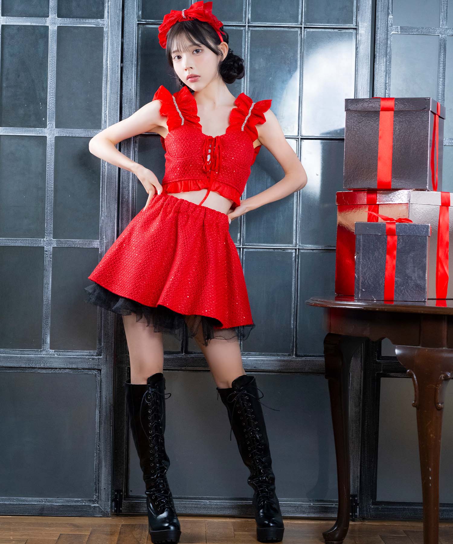 Tika Santa Cos 3-piece set Frill shoulder bust lace-up design tweed glitter separate flare skirt Santa cosplay dress 【Non-returnable item】