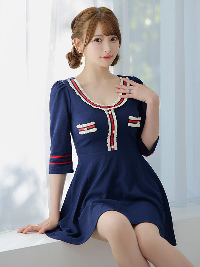 Tika Mixed material line girly style puff sleeve flared mini dress Korean dress