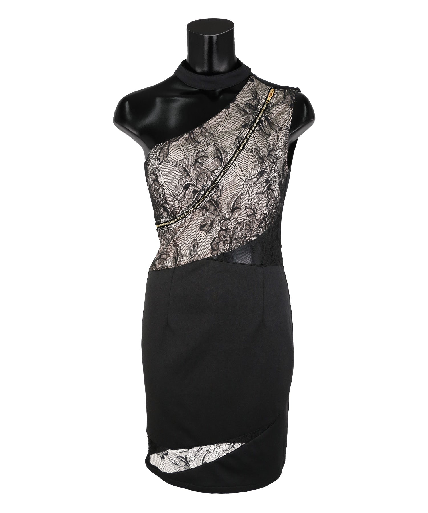 Tika Cabaret Dress Zipper × Choker One-Shoulder Flower Lace Design Tight Mini Dress