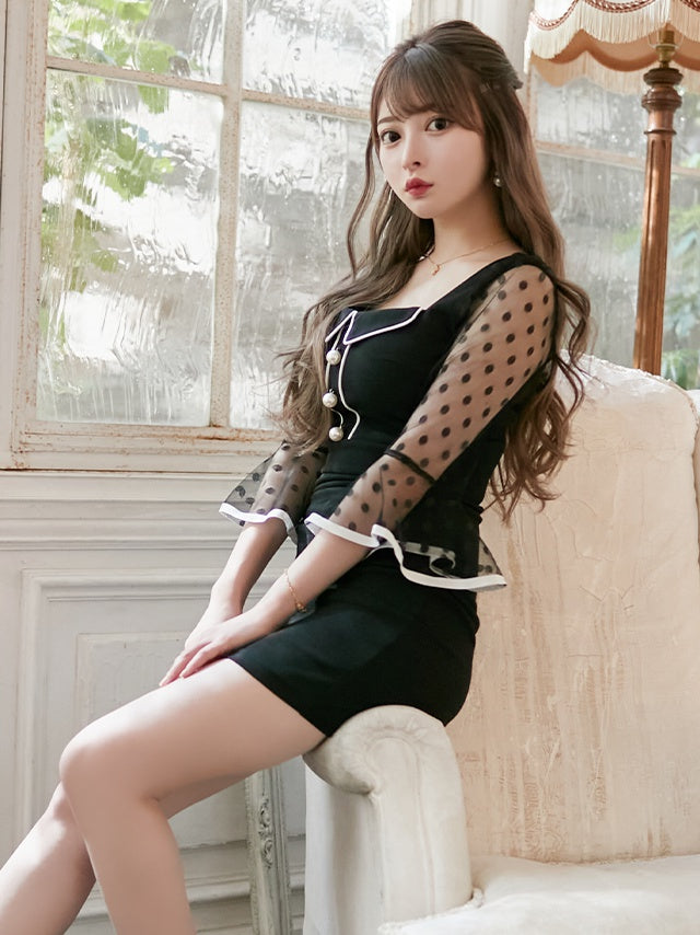 ティカ Tika ドット柄シースルーパフスリーブガーリースタイル袖ありタイトミニドレス 韓国 ワンピース,ブラック