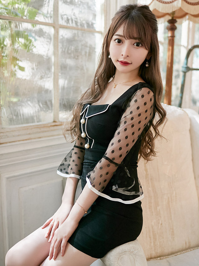 ティカ Tika ドット柄シースルーパフスリーブガーリースタイル袖ありタイトミニドレス 韓国 ワンピース