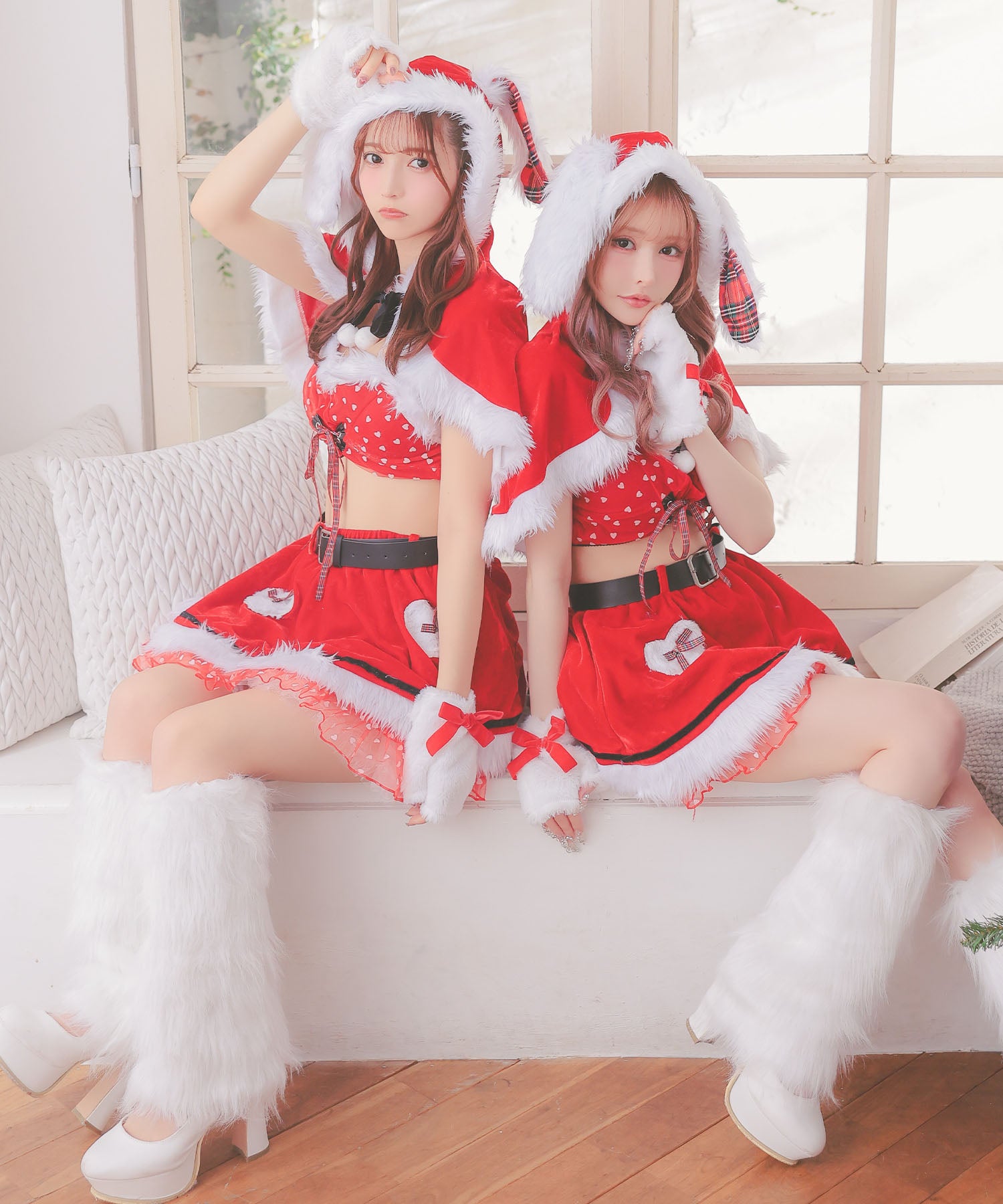 Tika Santa Cosplay 5-piece set with cape, lovely ribbon flared skirt, tartan check, droopy ear bunny animal Santa costume