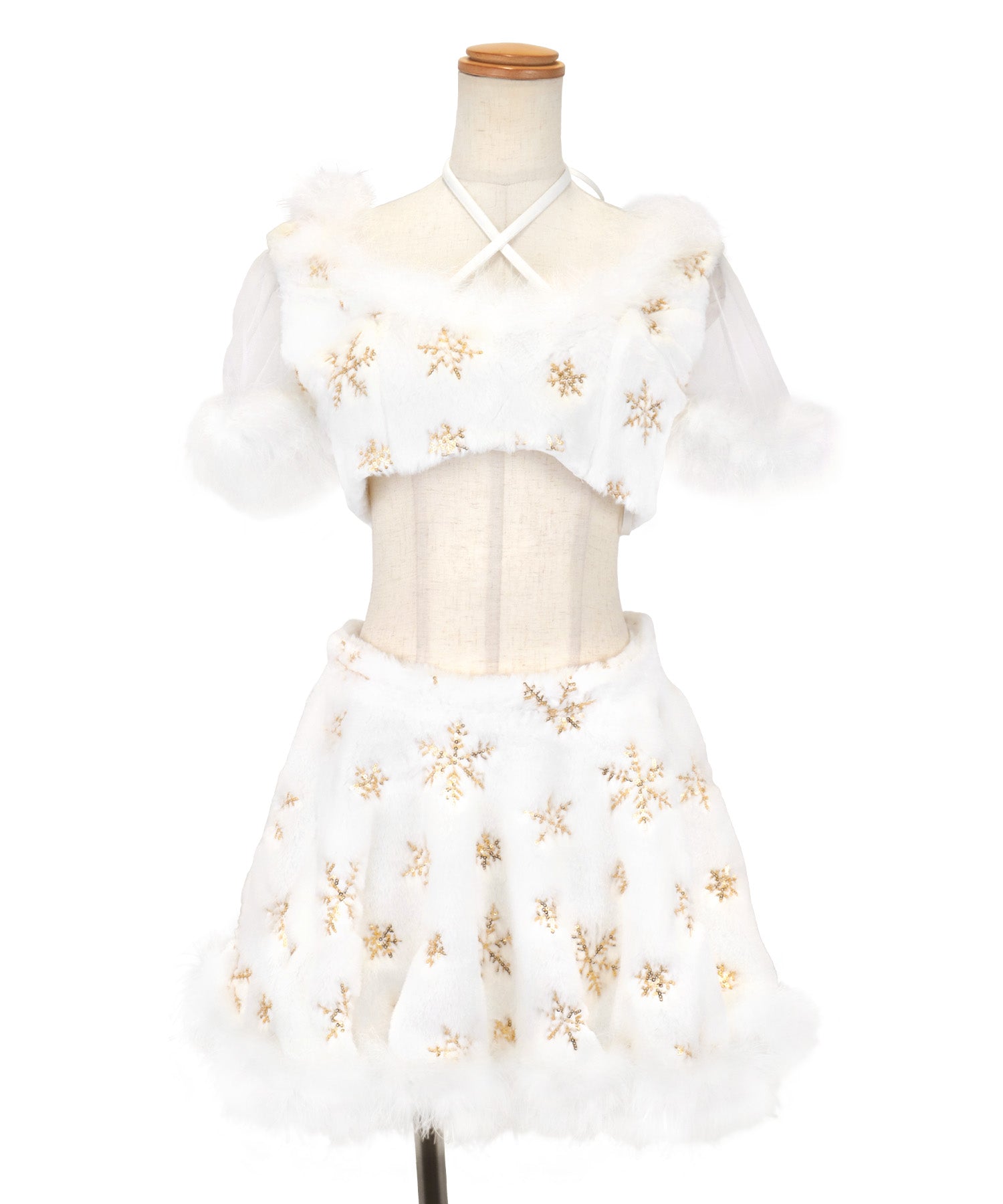 蒂卡 Tika 聖誕老人服 3件套 十字領緞帶露肚子分體喇叭裙毛茸茸亮片雪人聖誕角色扮演裙