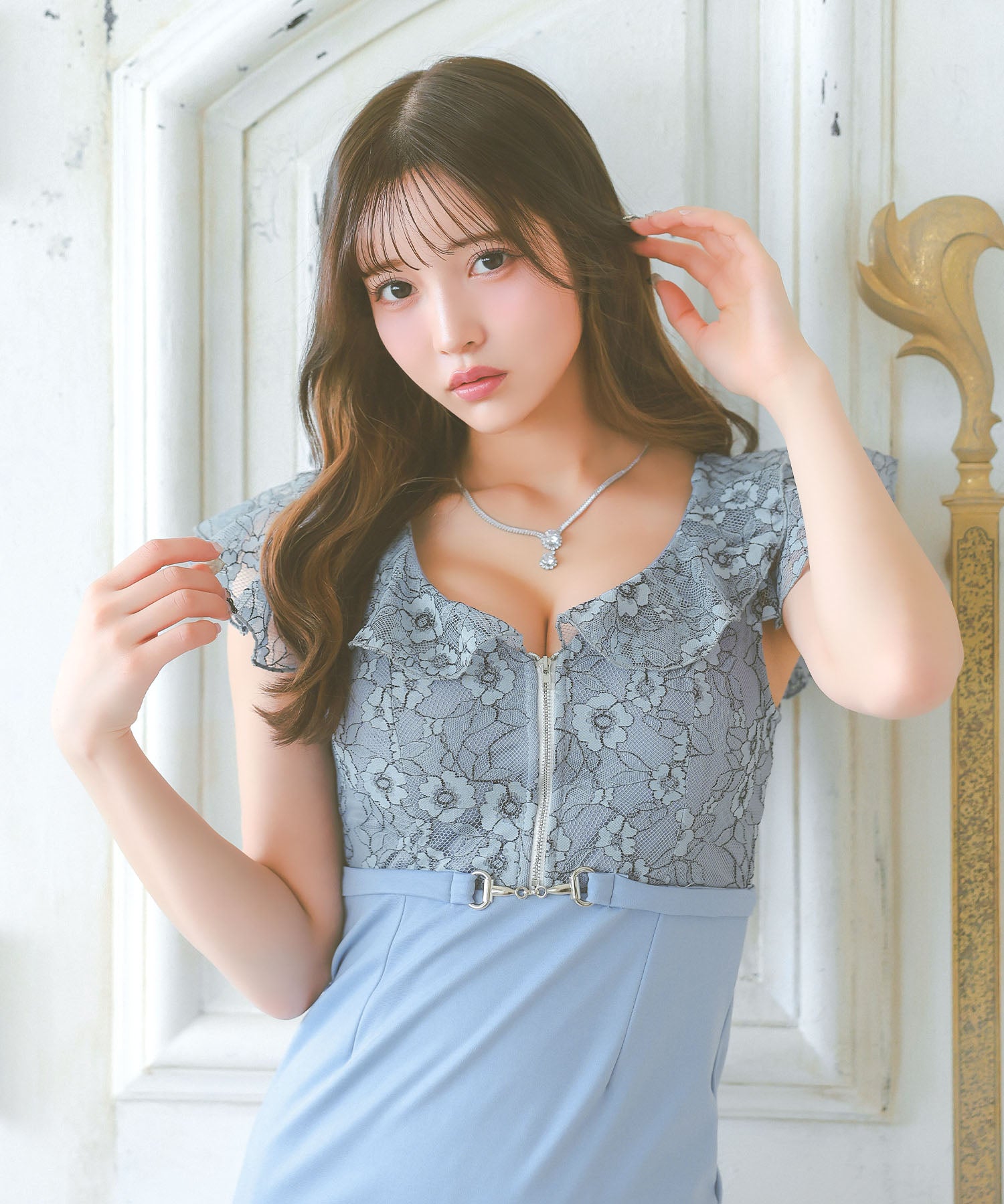 ティカ Tika キャバドレス ジッパーフラワーレース切り替え半袖フリル袖タイトミニドレス (Sサイズ~XLサイズ) (ライトブルー) ライトブルー