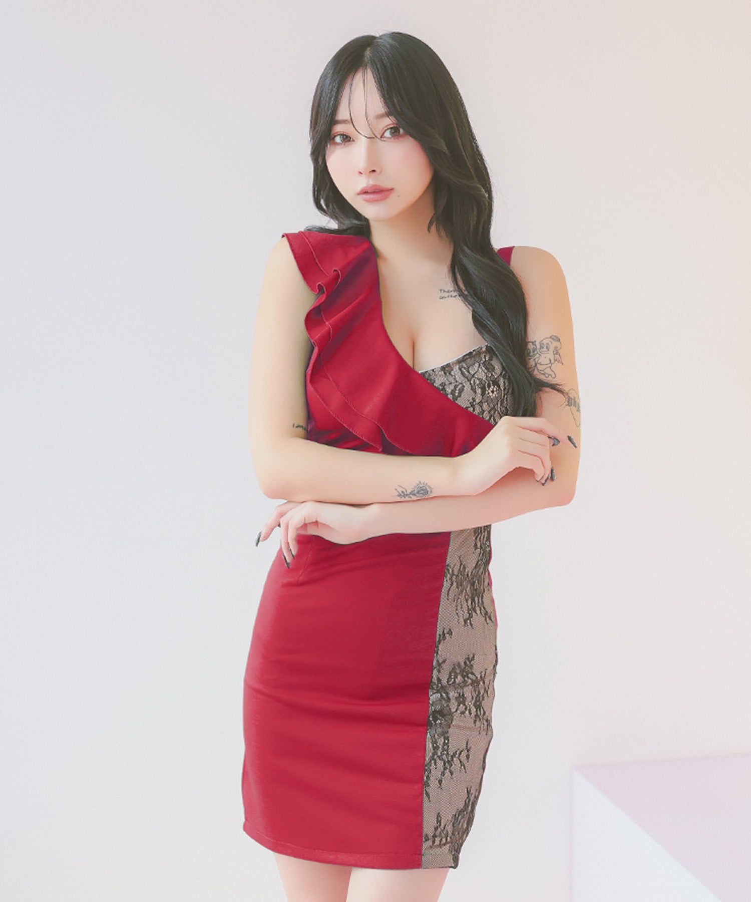 Tika Cabaret Dress Nudie Black Flower Lace Switch One-Shoulder Style Large Frill Waist Belt Stretch Tight Mini Dress