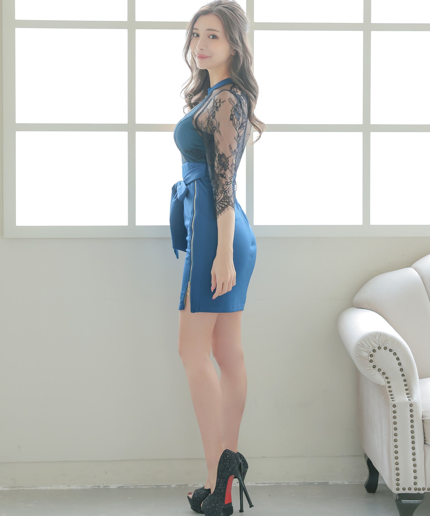 Tika Cabaret Dress Long Sleeve Elegant Black Lace High Waist Ribbon Switch Zip Tight Mini Dress
