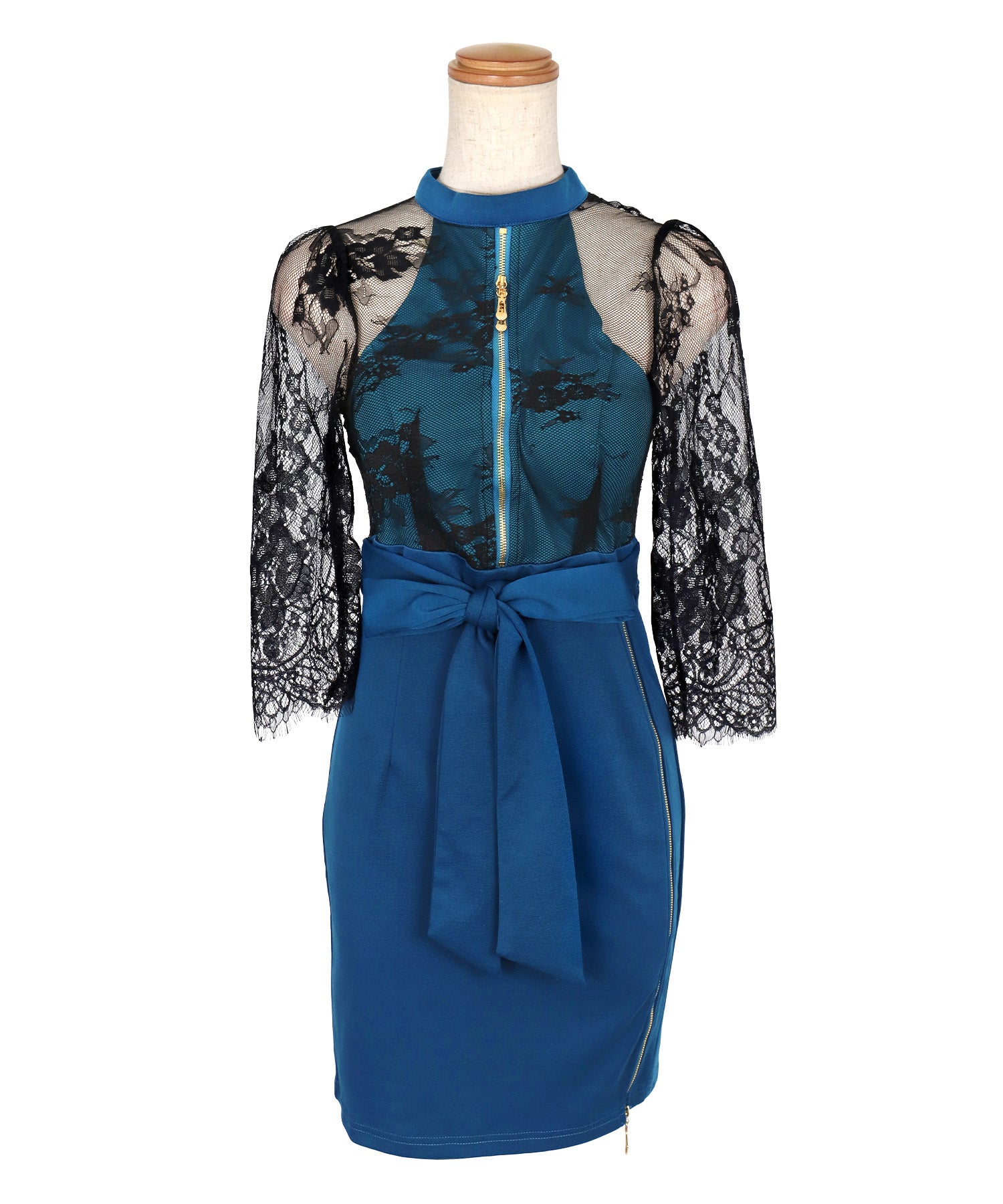 Tika Cabaret Dress Long Sleeve Elegant Black Lace High Waist Ribbon Switch Zip Tight Mini Dress