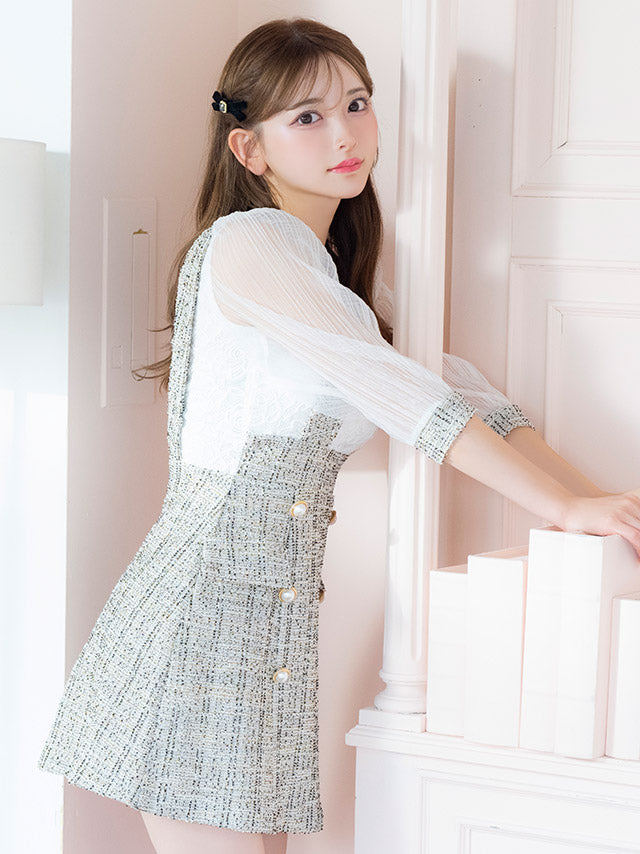 Flower Lace Docking Salopette with Puff Sleeves High Waist Flare Mini
