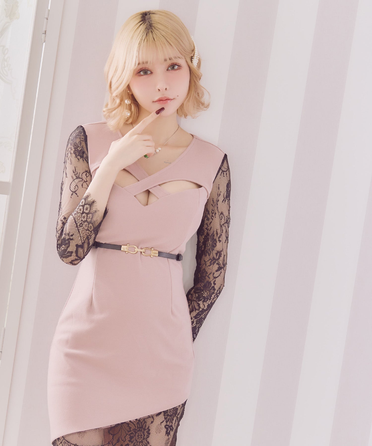 Tika Cabaret Dress with Waist Belt, Black Lace Contrast, Off-Shoulder Cross Design, Tight Mini Dress