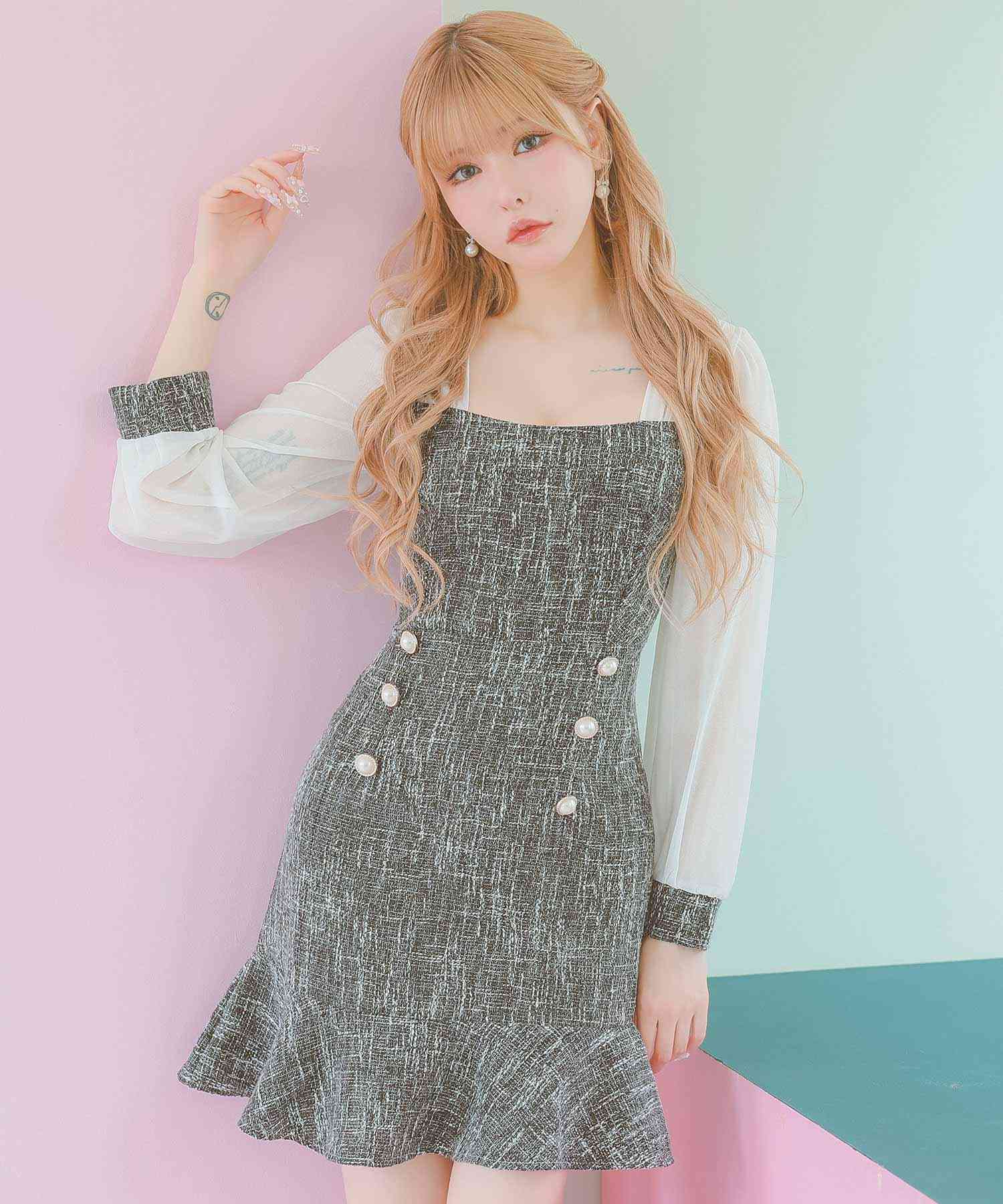 ティカ Tika キャバドレス チュールパフスリーブツイード胸元フリル長袖ネックリボンハイウエスト切替フレアセットアップミニドレス