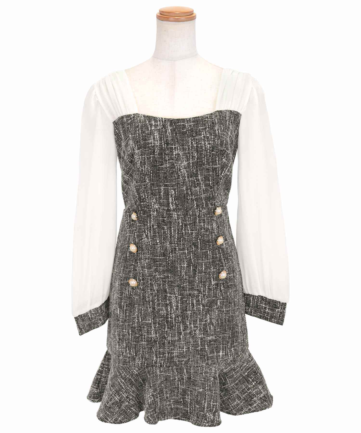 Tika Cabaret Dress Tulle Puff Sleeve Tweed Frill Neck Long Sleeve Neck Ribbon High Waist Switch Flare Set Up Mini Dress