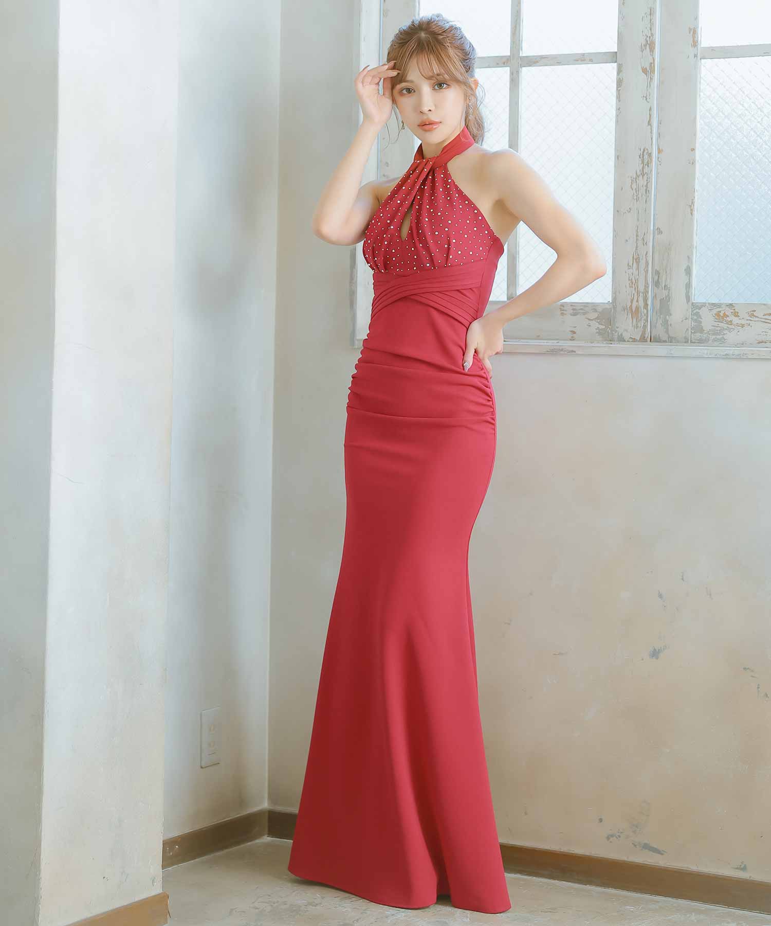 Tika Cabaret Dress Cross Halter Neck Jewel One Color Slit Tight Long D