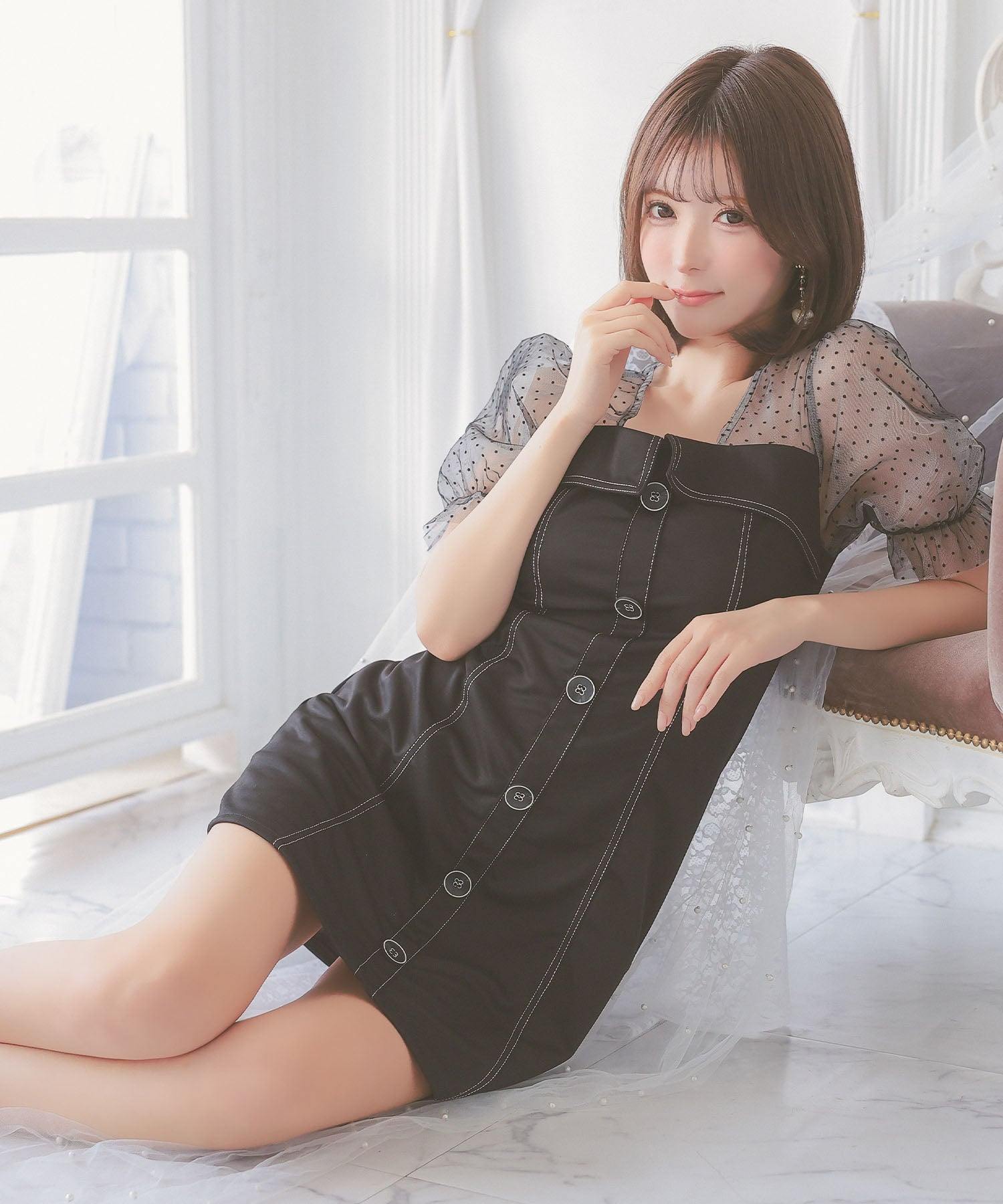 ティカ Tika キャバドレス ドット柄シアー切り替えパフスリーブ半袖フレアミニドレス (Sサイズ~Lサイズ) (ブラック) ブラック
