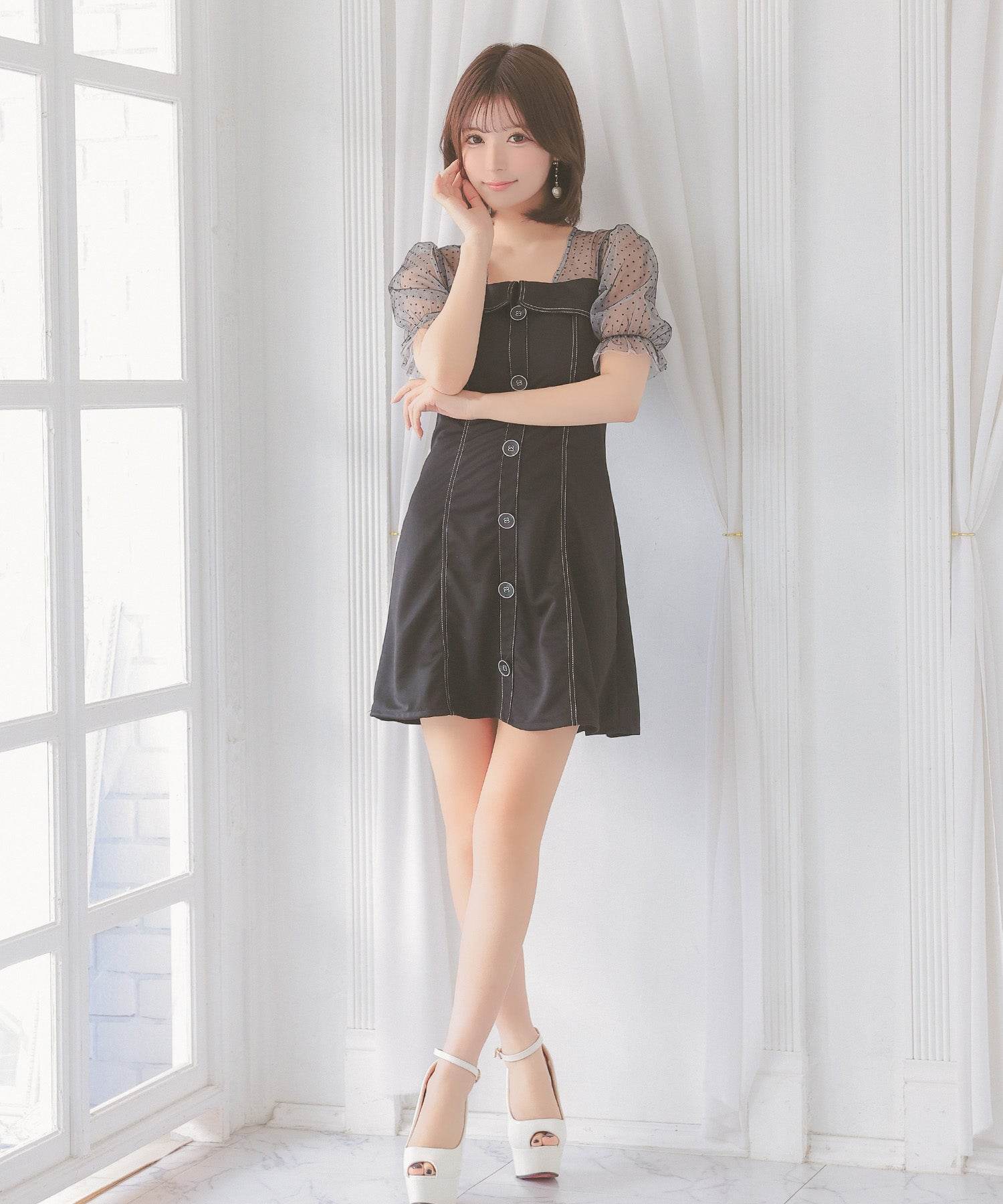 ティカ Tika キャバドレス ドット柄シアー切り替えパフスリーブ半袖フレアミニドレス (Sサイズ~Lサイズ) (ブラック) ブラック