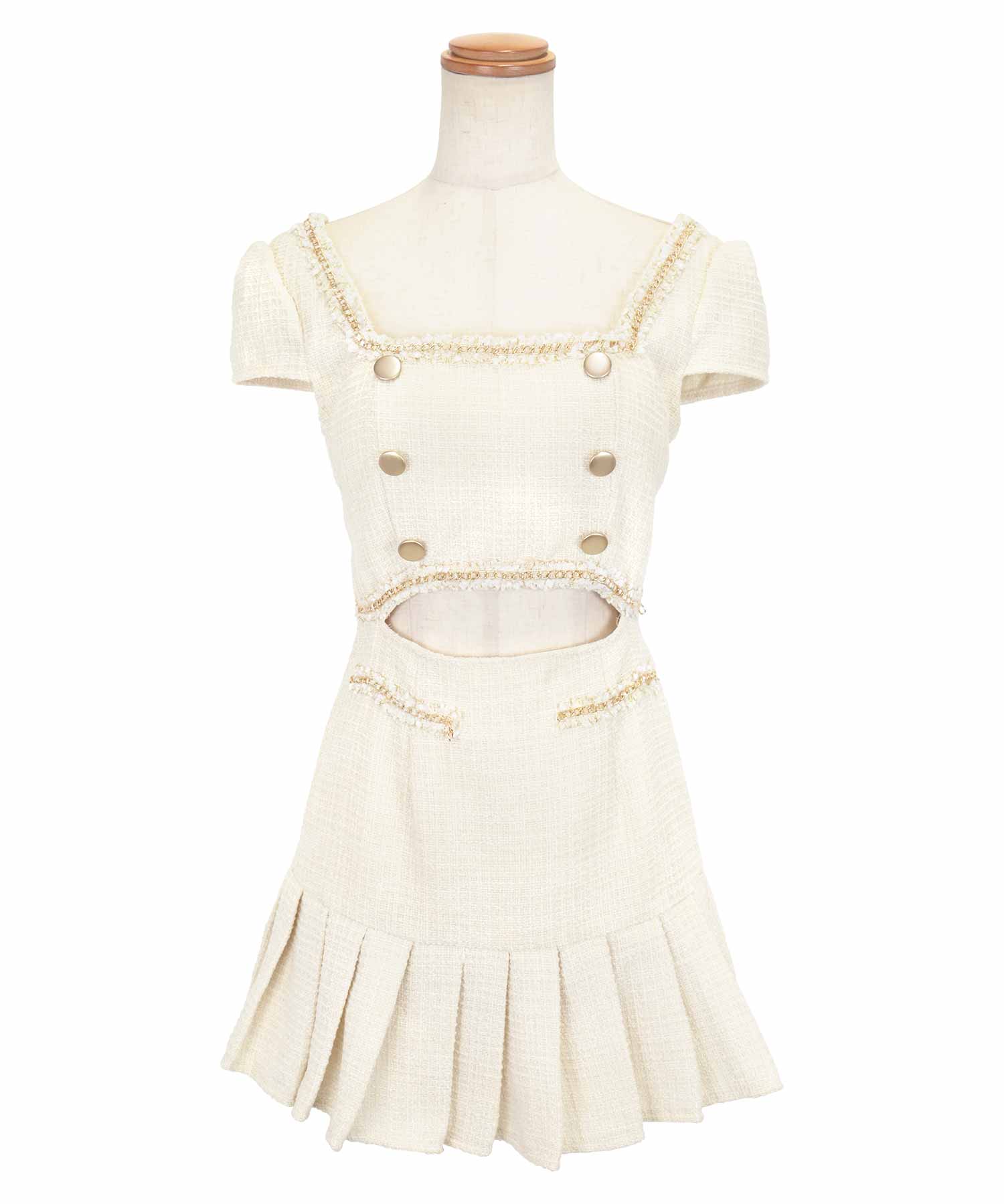 ティカ Tika キャバドレス フリンジ縁取りゴールドボタンデザインウエストカットツイードプリーツフレアミニドレス (Sサイズ~XLサイズ) (アイボリー) アイボリー