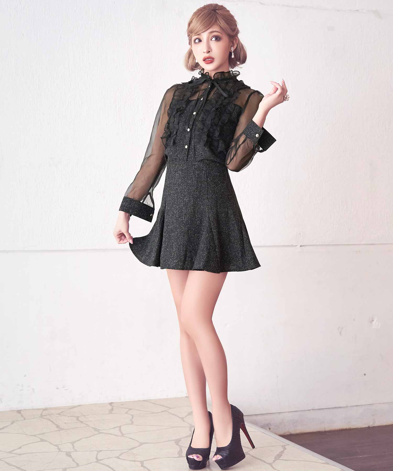 ティカ Tika キャバドレス チュールパフスリーブツイード胸元フリル長袖ネックリボンハイウエスト切替フレアセットアップミニドレス (Sサイズ~Lサイズ) (ブラック) ブラック