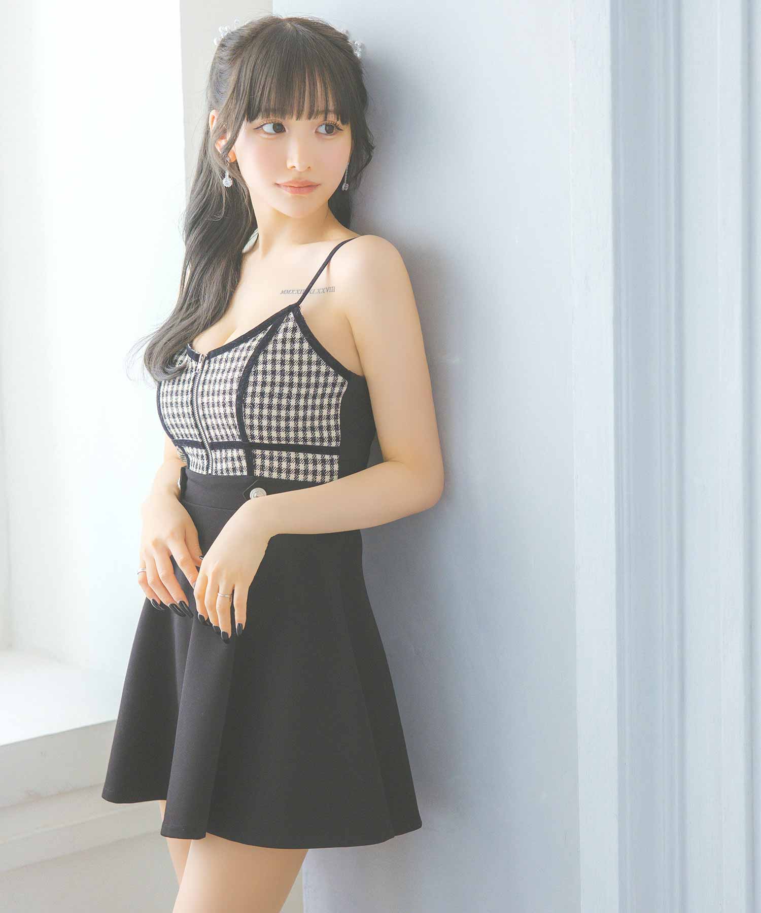 Tika Cabaret Dress Tweed Gingham Check Pattern Bust Zip Camisole Flare Mini  Dress