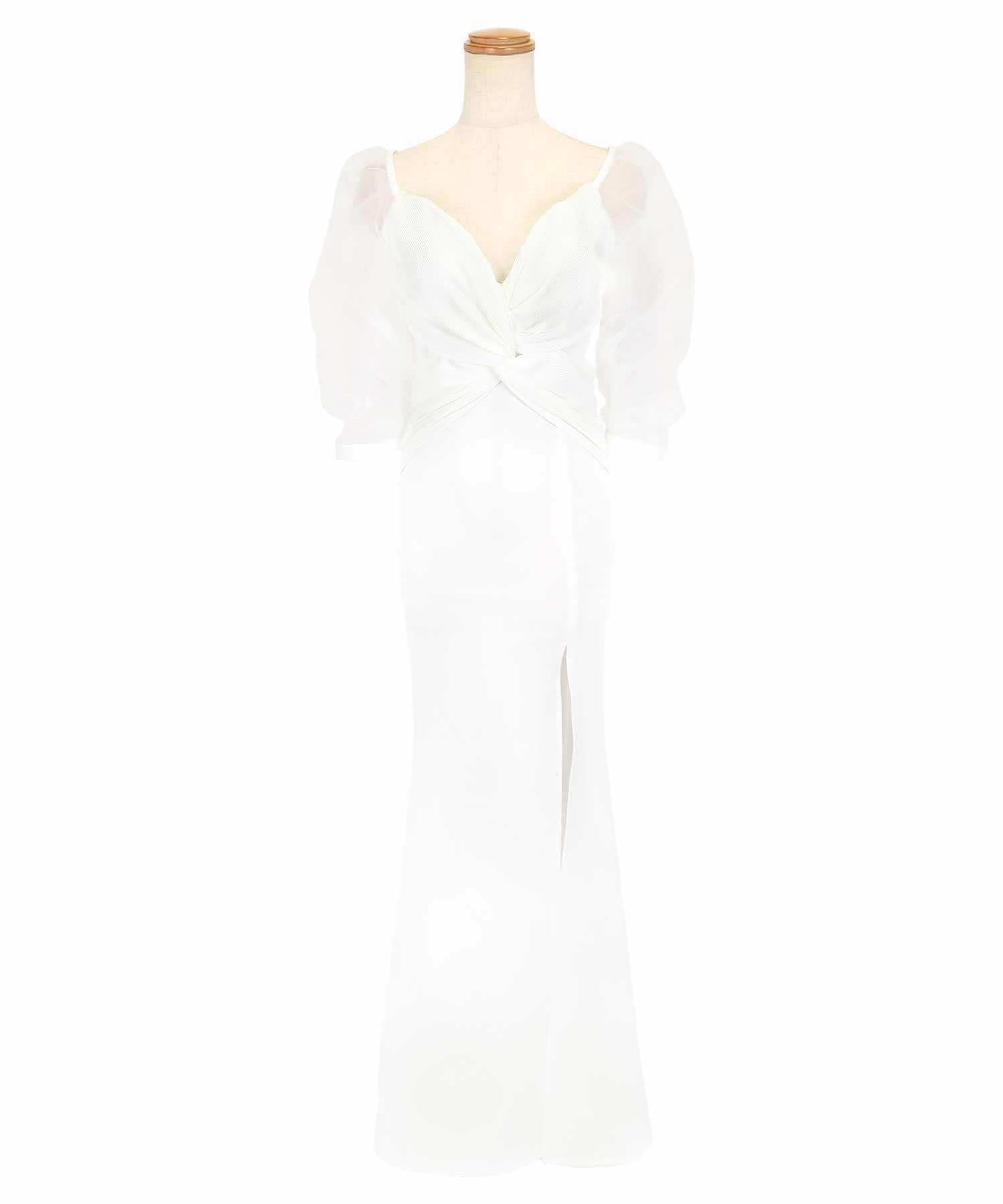 ティカ Tika キャバドレス 袖ありシアーパフスリーブツイストネックストレッチスリットタイトロングドレス (Sサイズ~XXLサイズ) (ホワイト) ホワイト