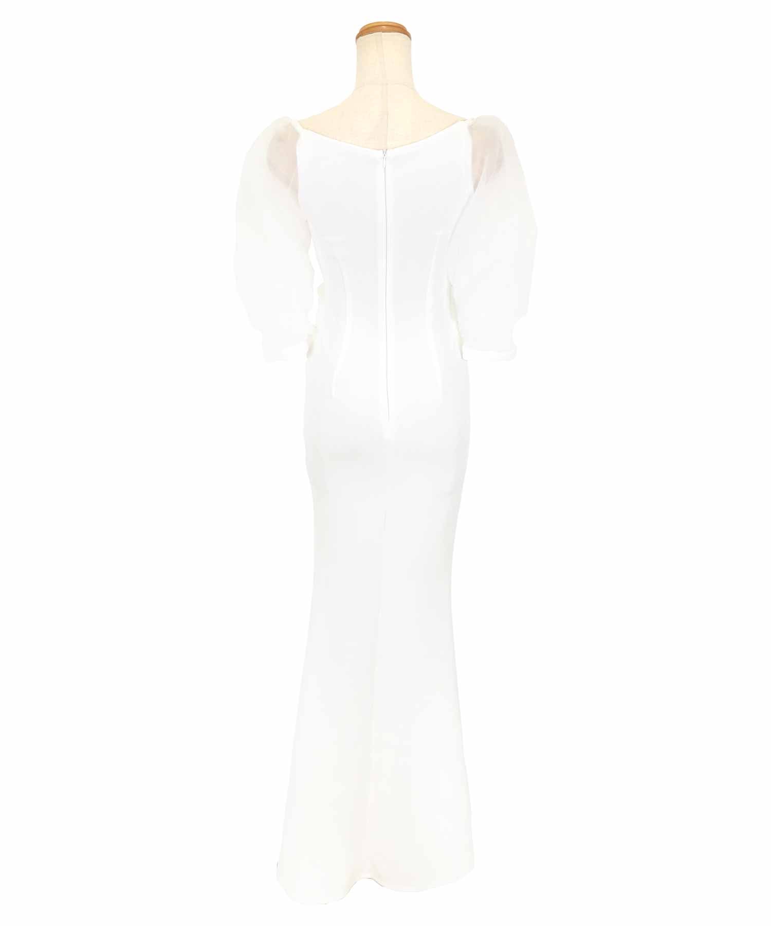 ティカ Tika キャバドレス 袖ありシアーパフスリーブツイストネックストレッチスリットタイトロングドレス