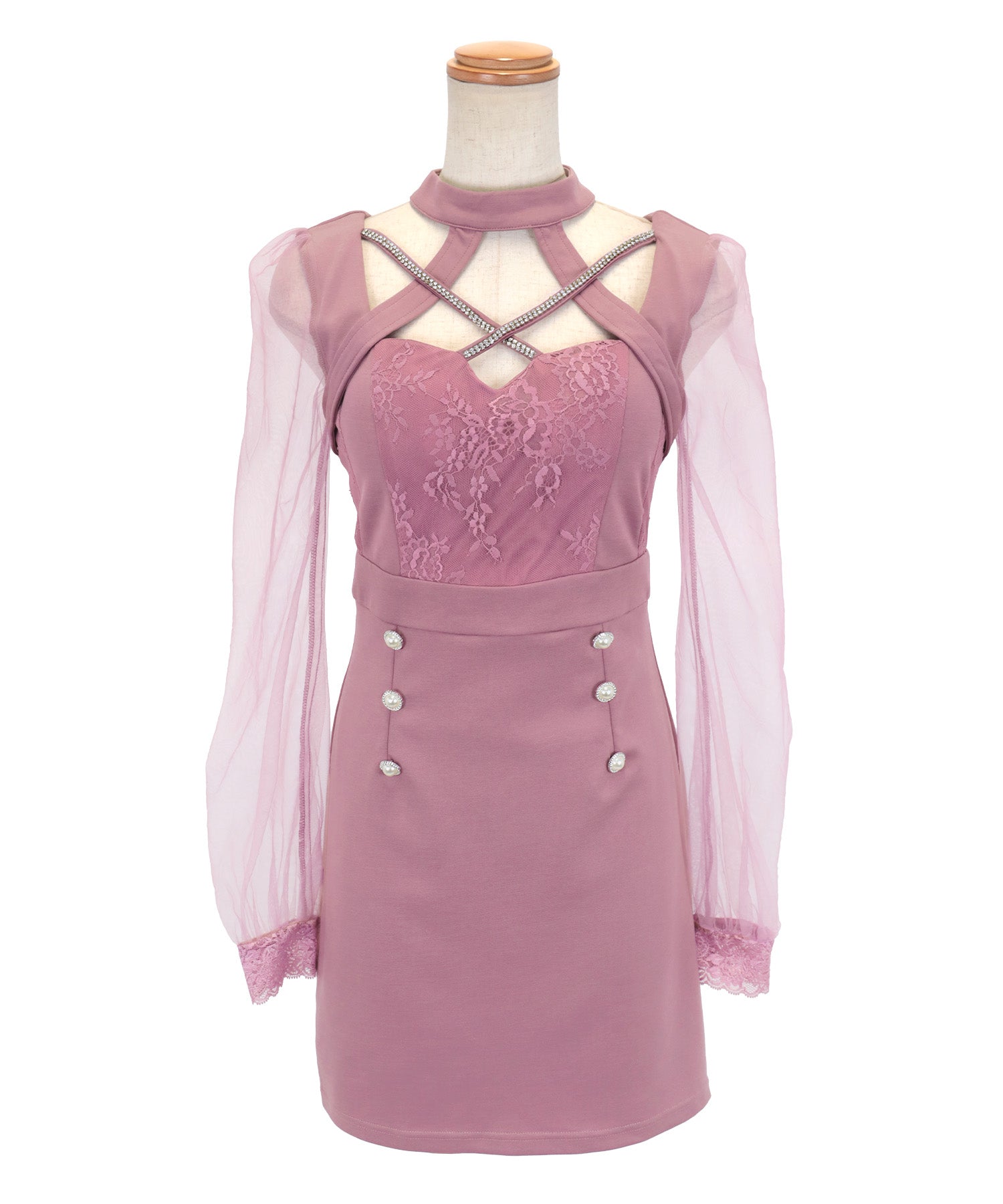 蒂卡 Tika 長袖透明切換交叉領飾珠雙扣緊身迷你裙