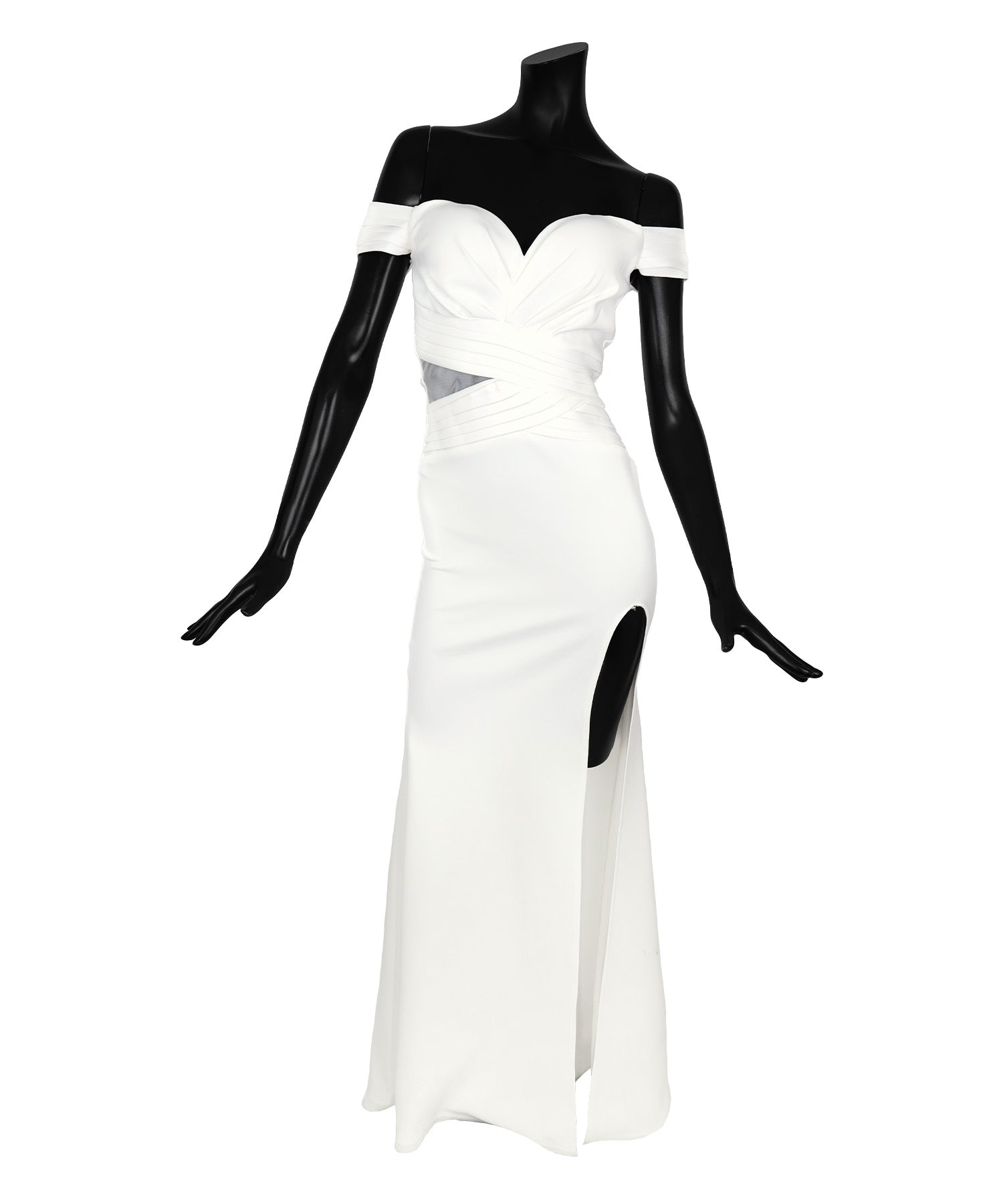 ティカ Tika オフショルダーハートカットウエストシアースリットストレッチタイトロングドレス (Sサイズ~XLサイズ) (ホワイト) ホワイト