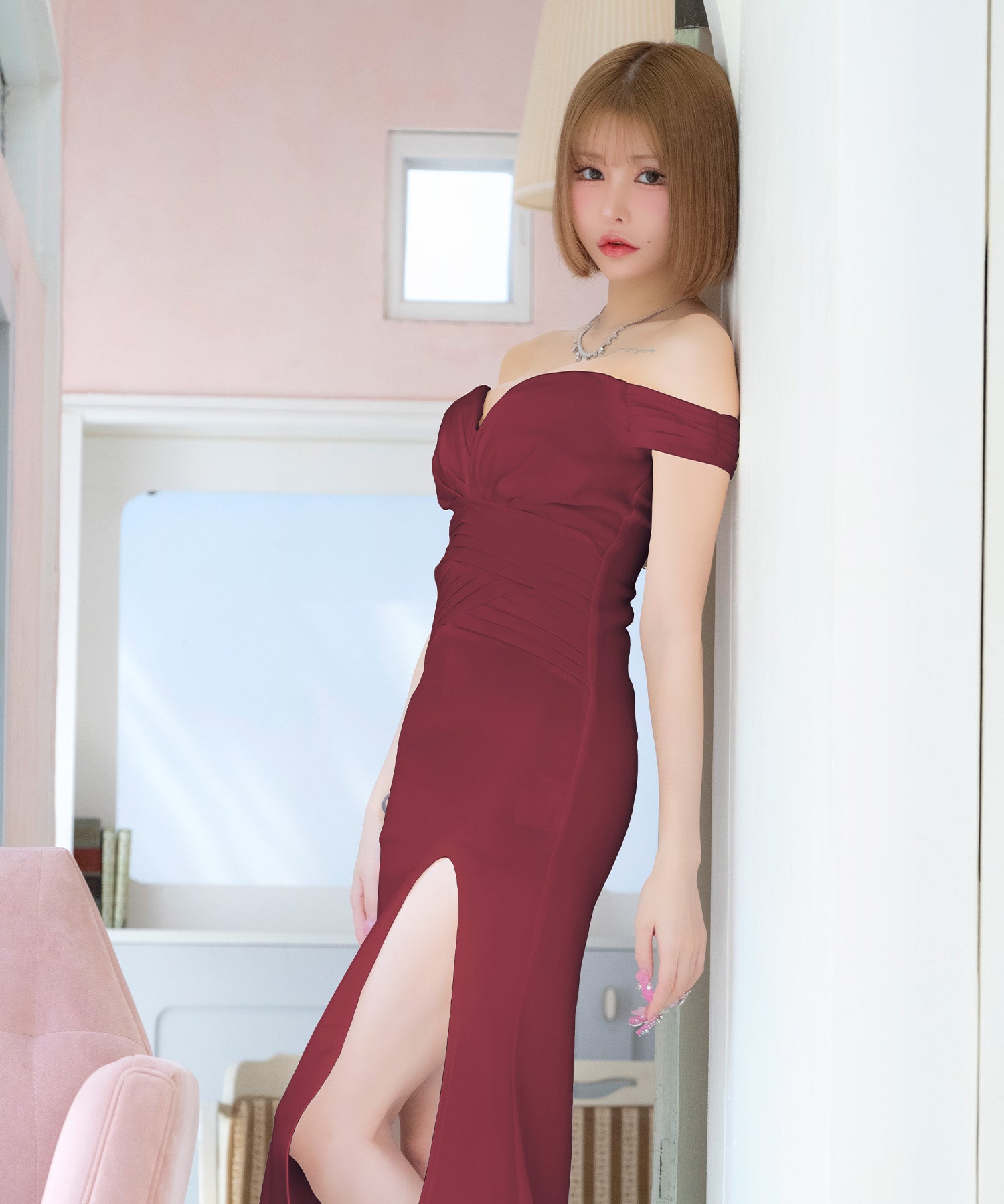 ティカ Tika オフショルダーハートカットウエストシアースリットストレッチタイトロングドレス (Sサイズ~XLサイズ) (ワインレッド) ワインレッド