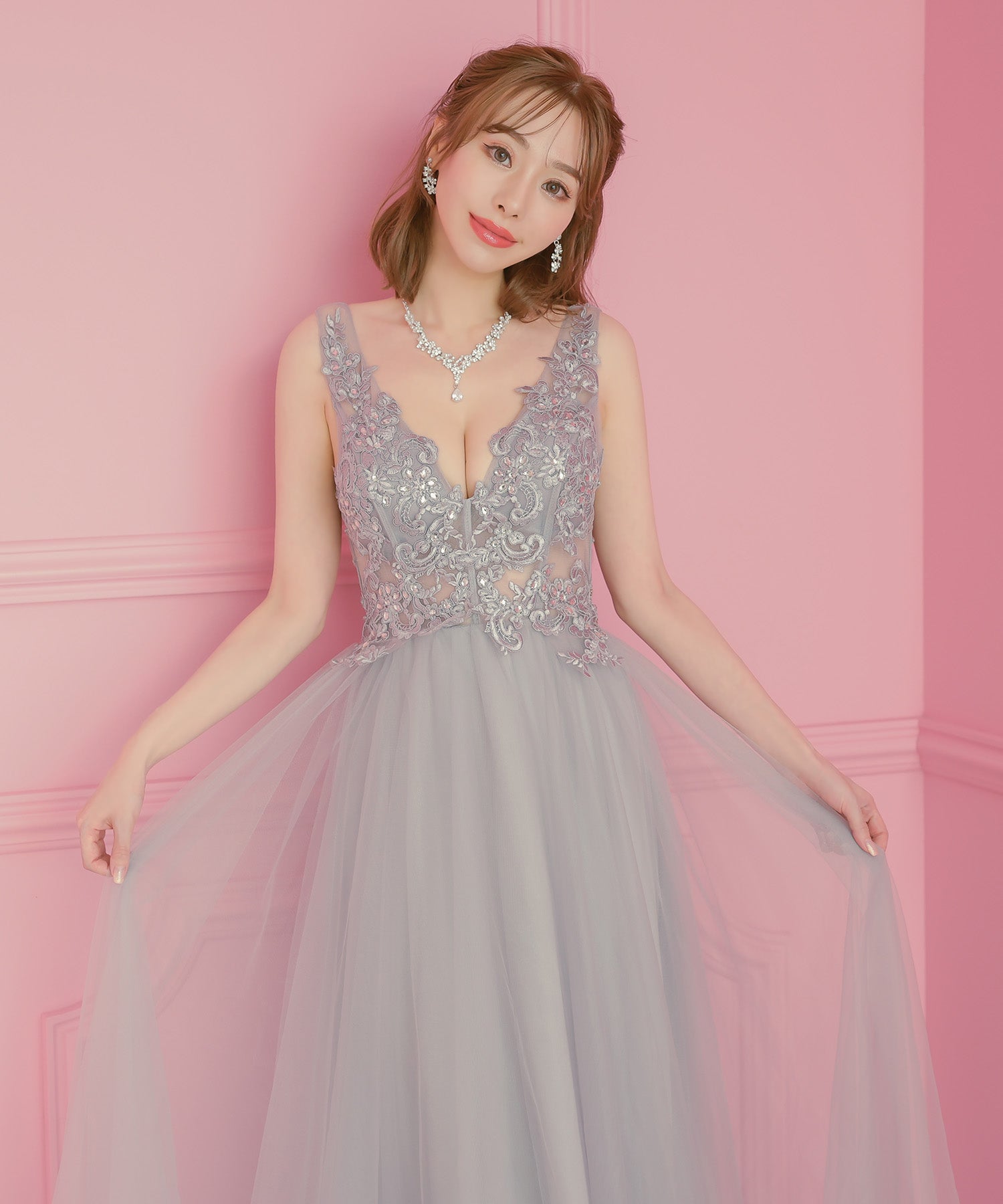 Tika Sheer Flower Embroidery Jewel Sleeveless Tulle A-Line Long Birthday Dress