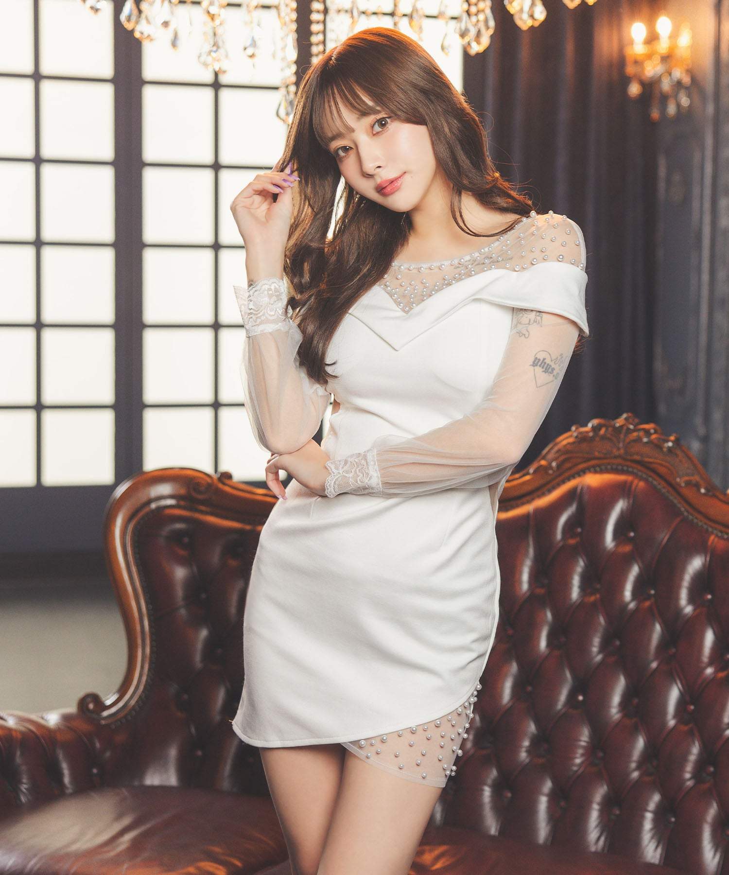 Tika Long Sleeve Sheer Dcollet Pearl Waist Cut-Out Tight Mini Dress Tika Long Sleeve Sheer Dcollet Pearl Waist Cut-Out Tight Mini Dress