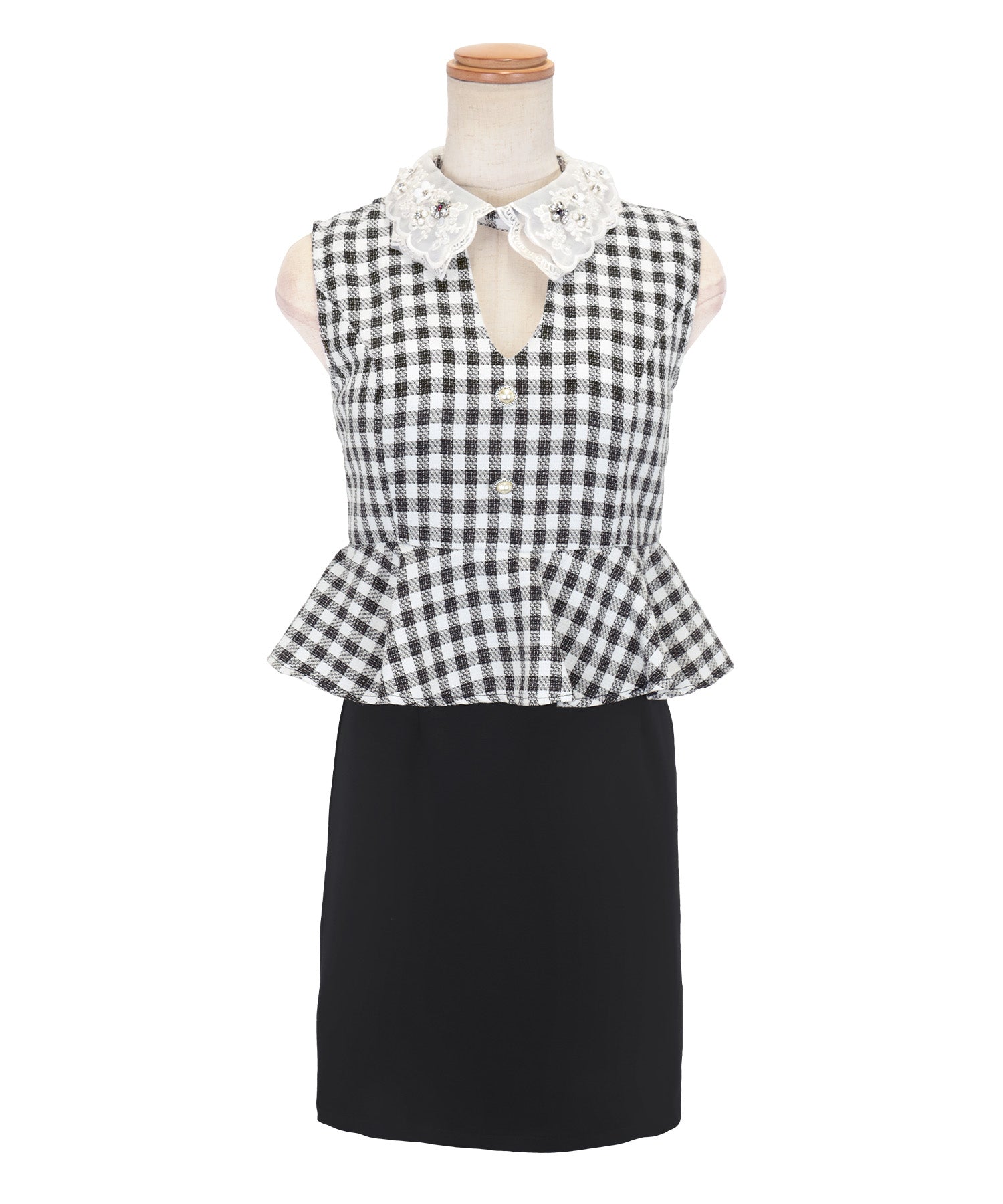 ティカ Tika レース襟デザインノースリーブチェック柄ペプラム切り替えストレッチタイトミニドレス