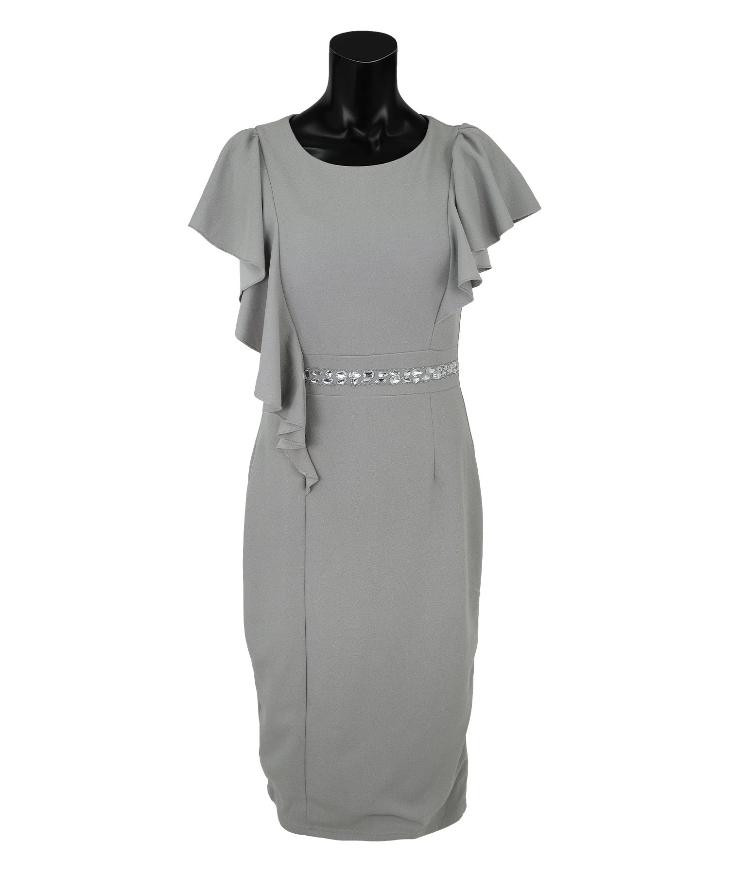 ティカ Tika 大判フリル袖ウエストビジューライン半袖膝丈ワンカラーストレッチタイトドレス (Sサイズ~XXLサイズ) (グレー) グレー