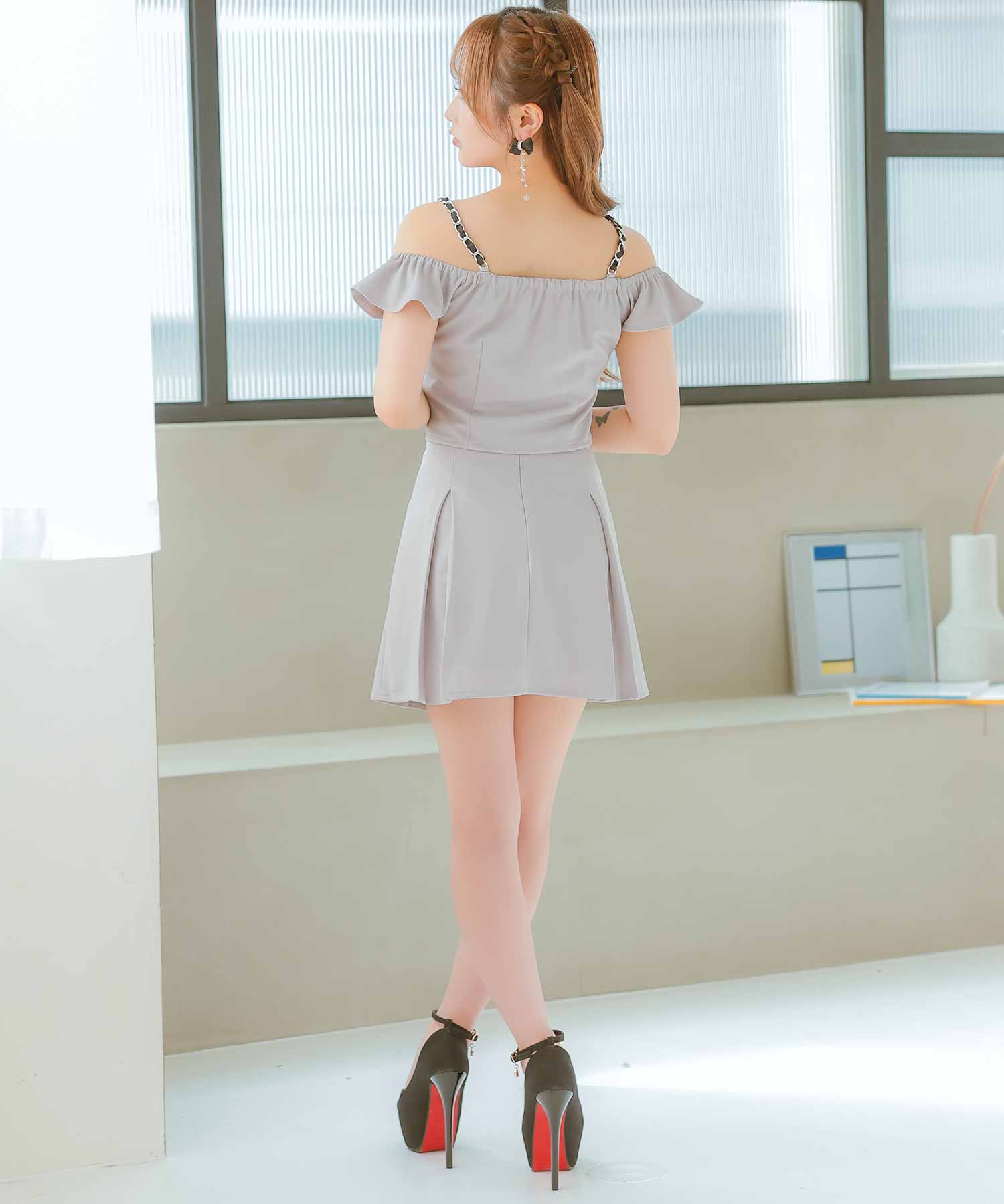 Tika Cabaret Dress Off-Shoulder Chain Shoulder Bust Zip Ribbon Set-Up Box Pleats Flare Mini Dress