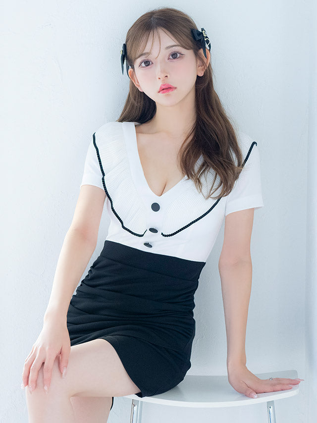 Tika Piping Frill Collar Design Waist Switch Wrap Gathered Tight Mini