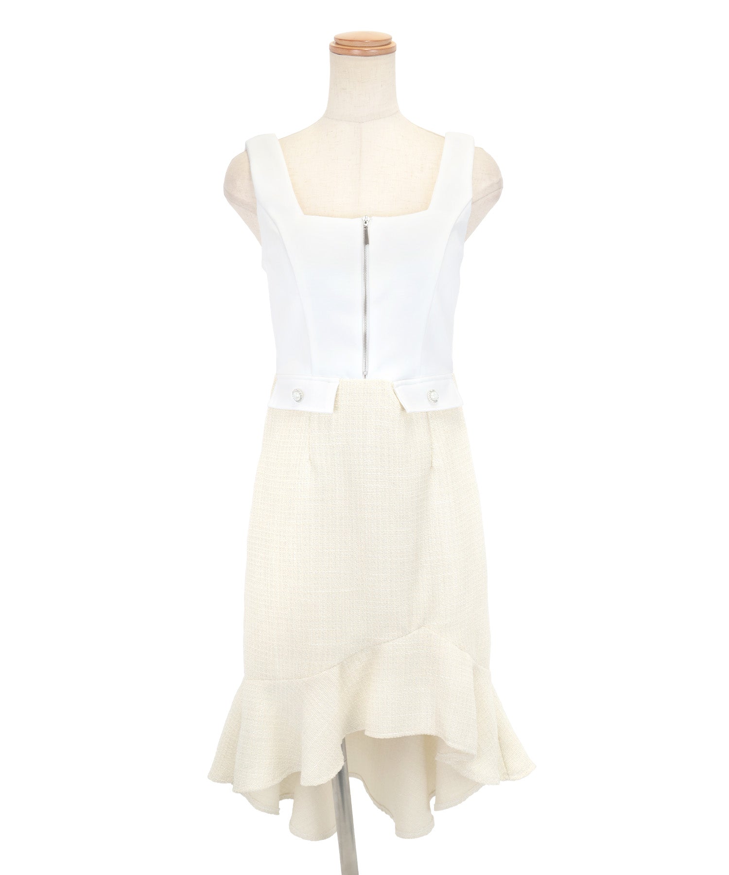 Tika Sleeveless Bust Zip Contrast Tweed Hem Frill Knee-Length Tail Dress