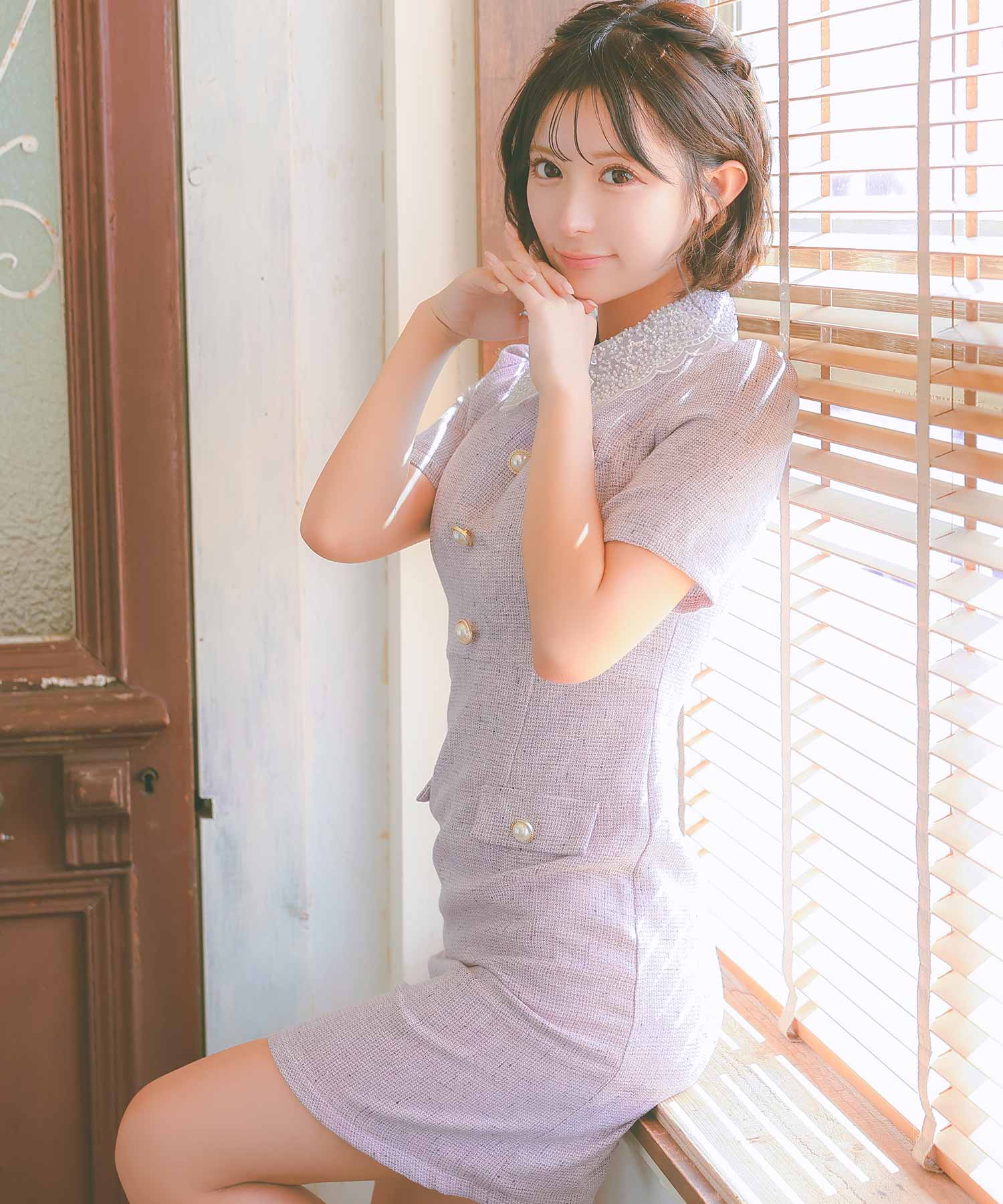 Tika Cabaret Dress Short Sleeve Lace Collar Design Pearl Button Tweed Flare Mini Dress