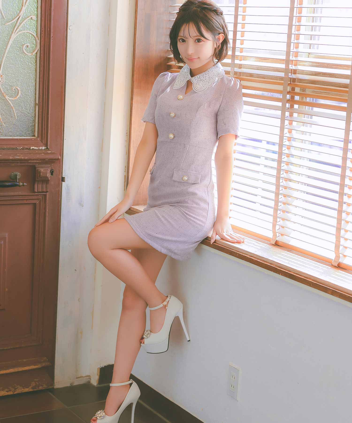 Tika Cabaret Dress Short Sleeve Lace Collar Design Pearl Button Tweed Flare Mini Dress
