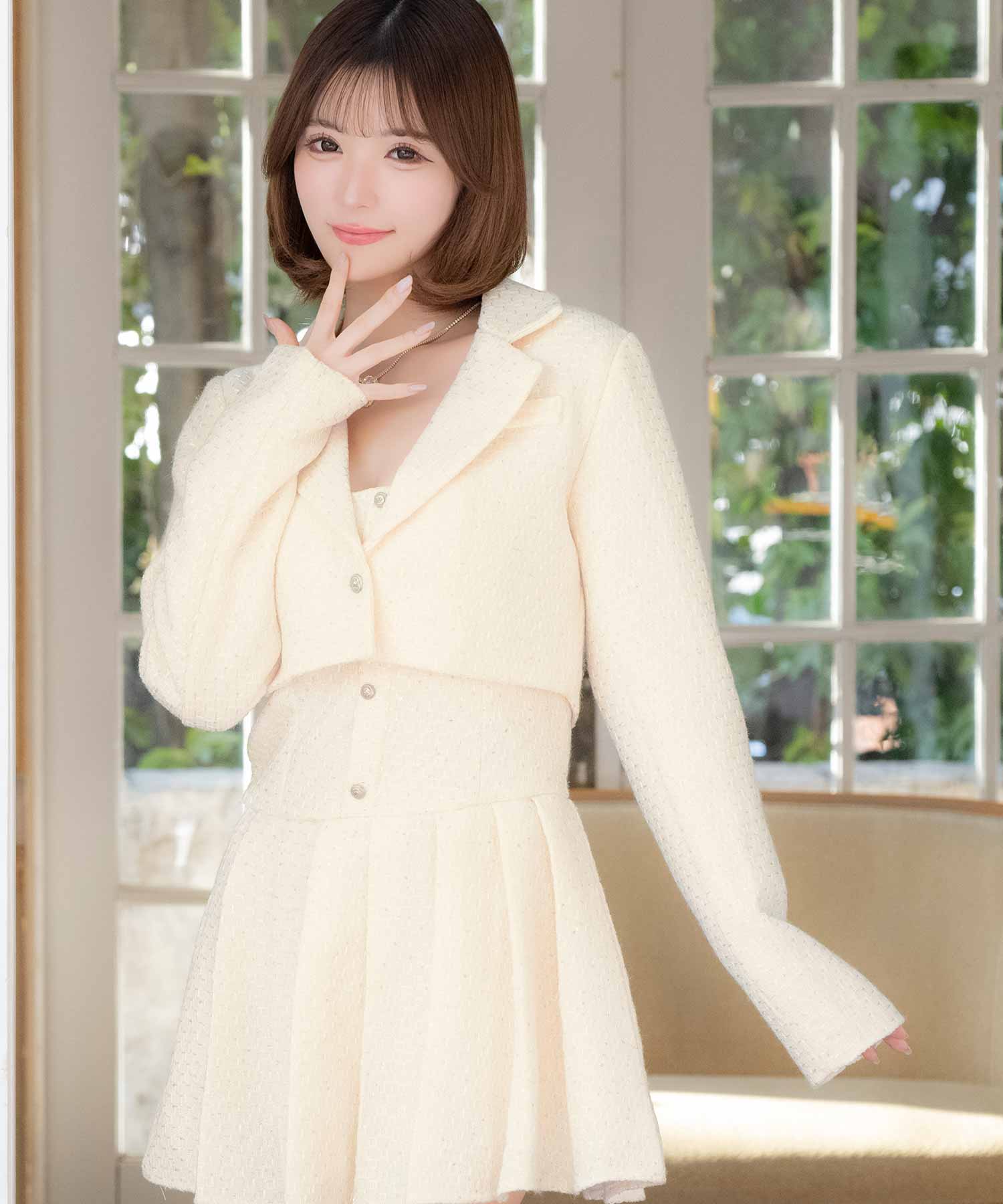 Tika Cabaret Dress Tailored Jacket × Bear Pleats Flare Mini Dress Tweed Glitter Set-Up Suit