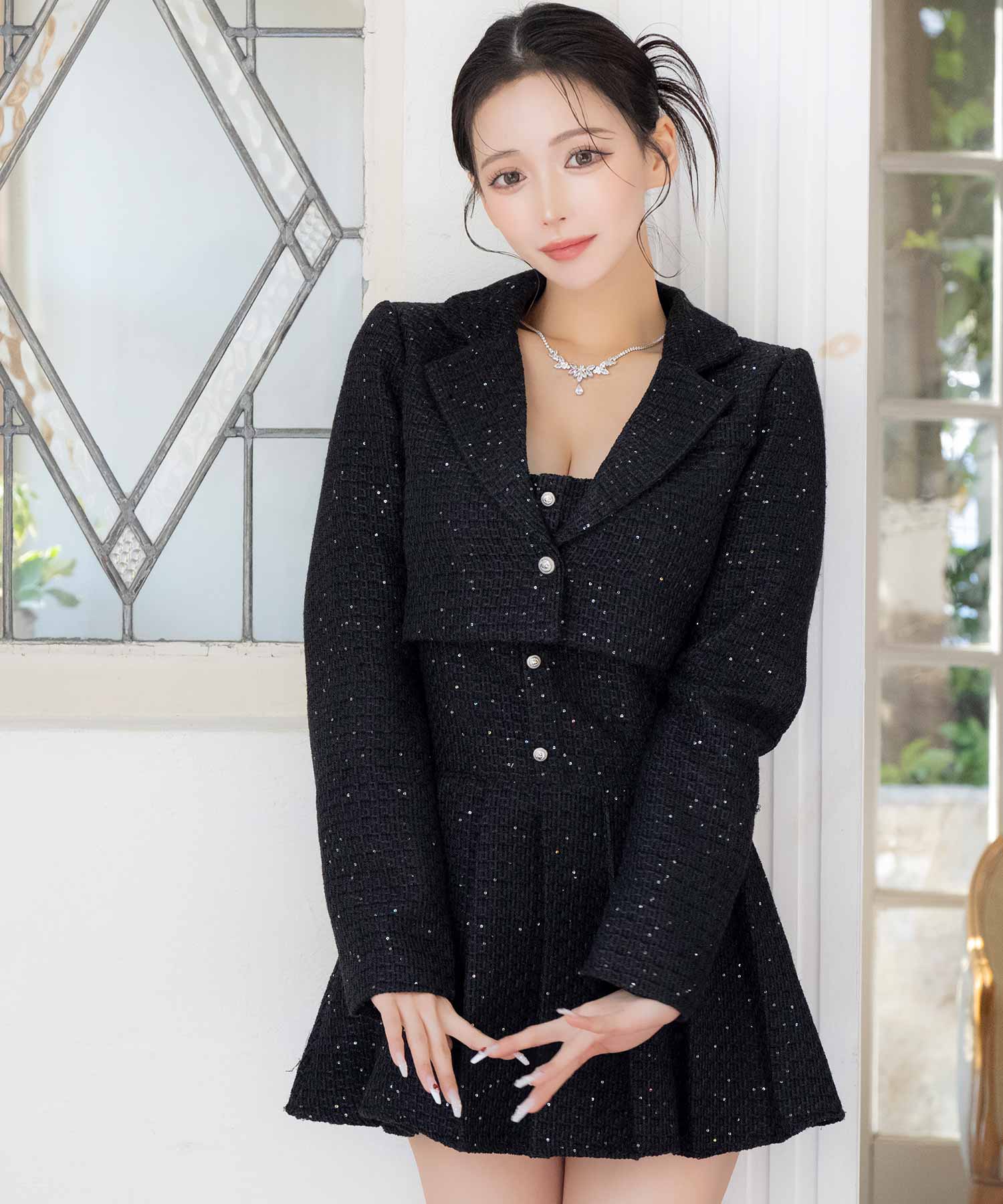 Tika Cabaret Dress Tailored Jacket × Bear Pleats Flare Mini Dress Tweed Glitter Set-Up Suit