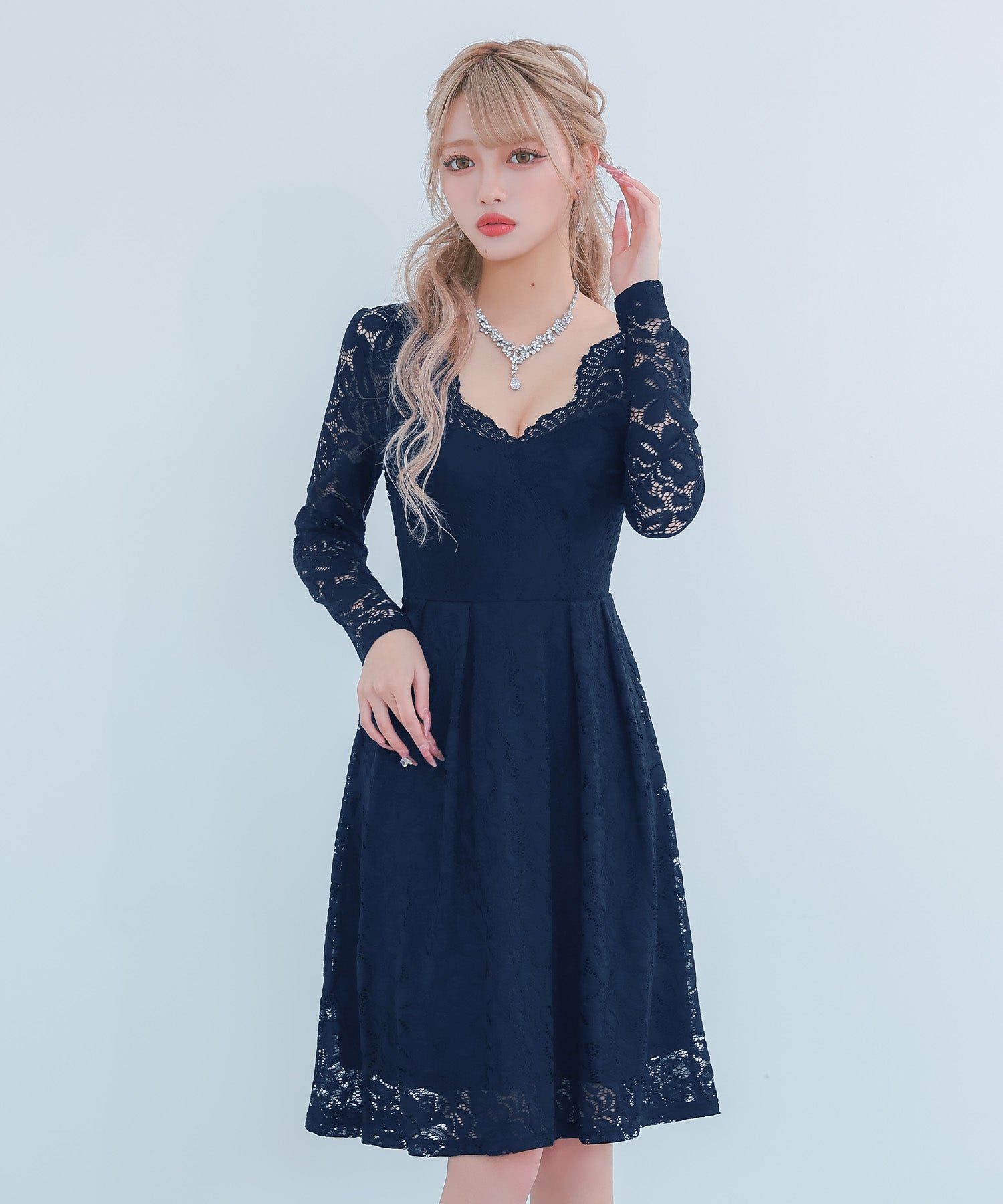 long sleeve lace floral dress Tika cabaret dress all-lace long sleeve high waist switch flare knee-l