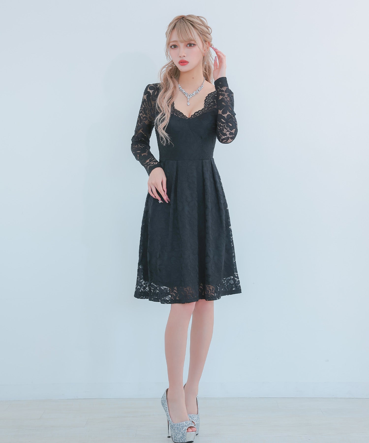 ティカ Tika キャバドレス 総レース長袖ハイウエスト切替フレア膝丈プチプラドレス (Sサイズ~XXXLサイズ) (ブラック) ブラック