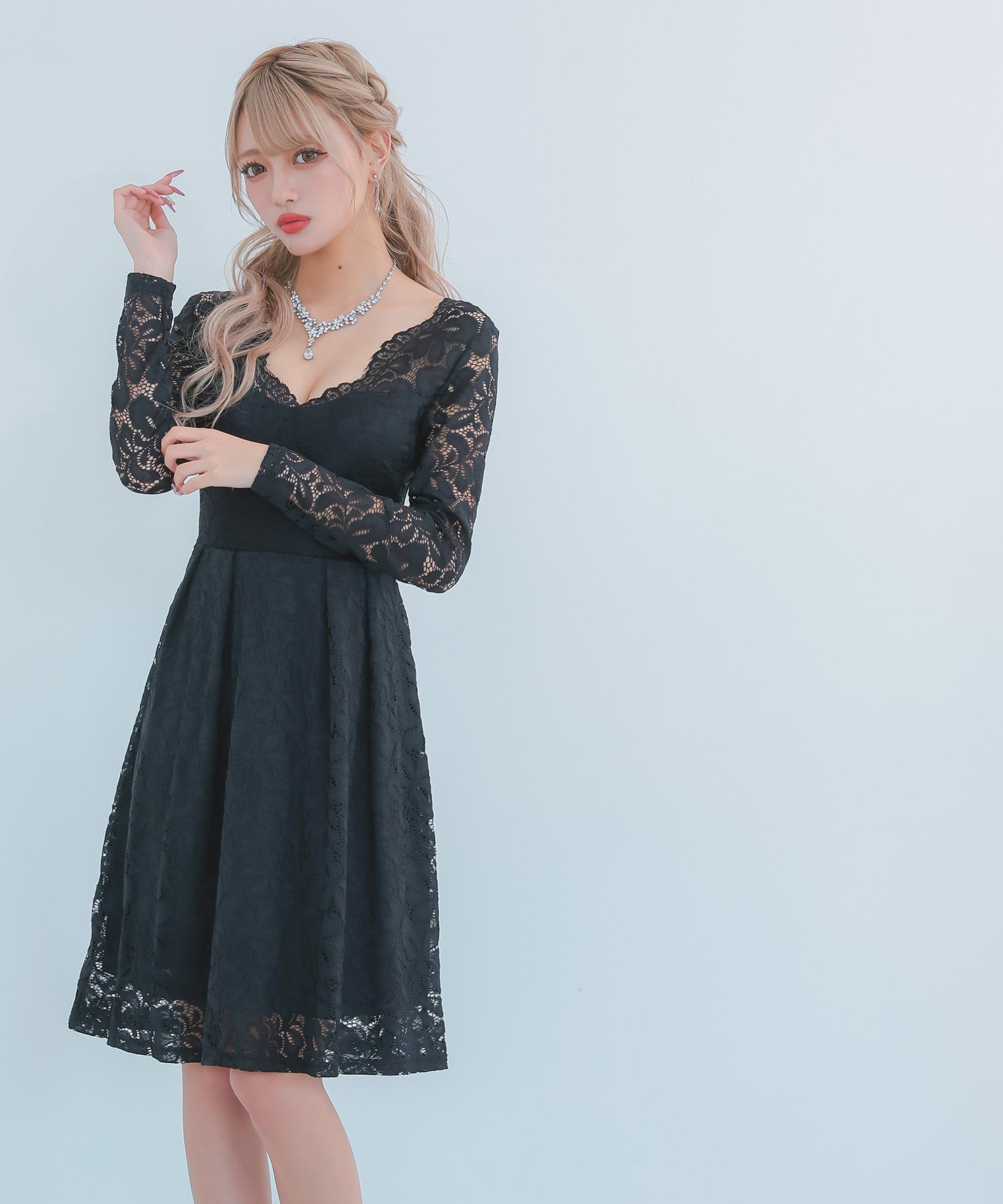 ティカ Tika キャバドレス 総レース長袖ハイウエスト切替フレア膝丈プチプラドレス (Sサイズ~XXXLサイズ) (ブラック) ブラック